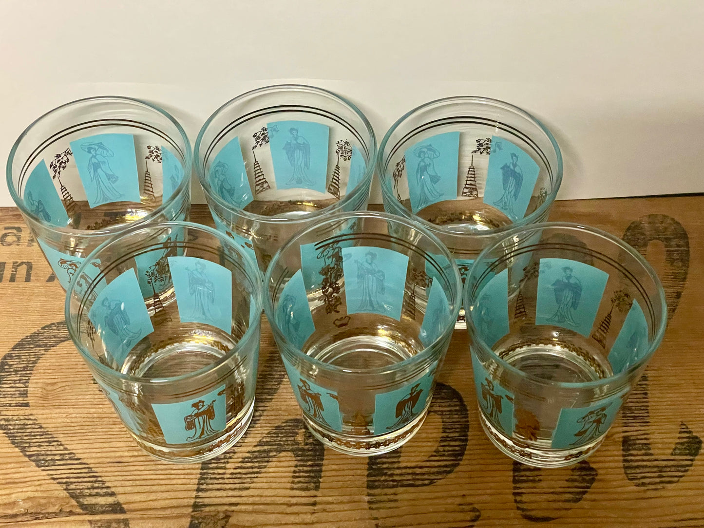 Vintage Mid-Century Oriental Motif Glasses – Set of 6