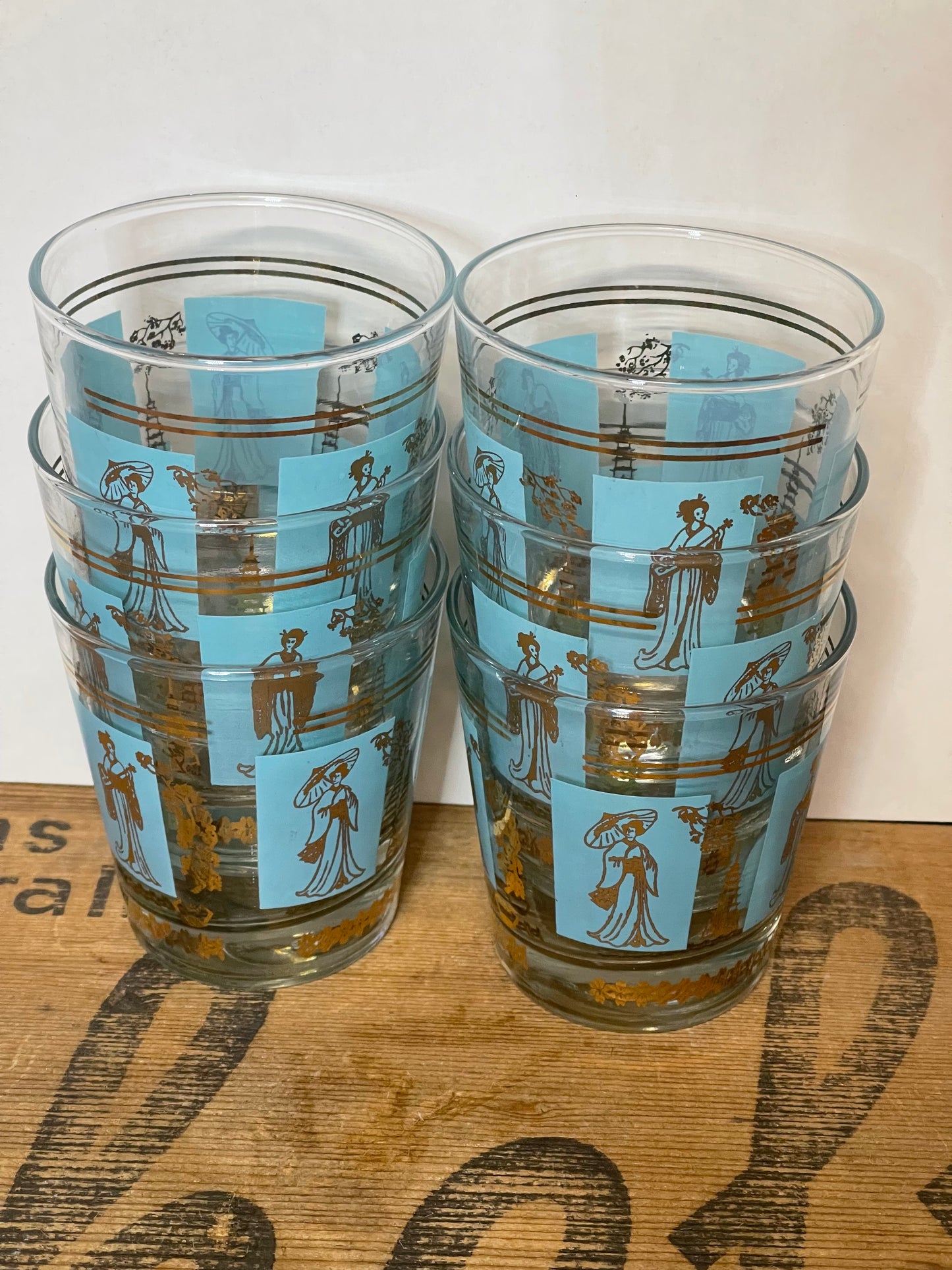 Vintage Mid-Century Oriental Motif Glasses – Set of 6