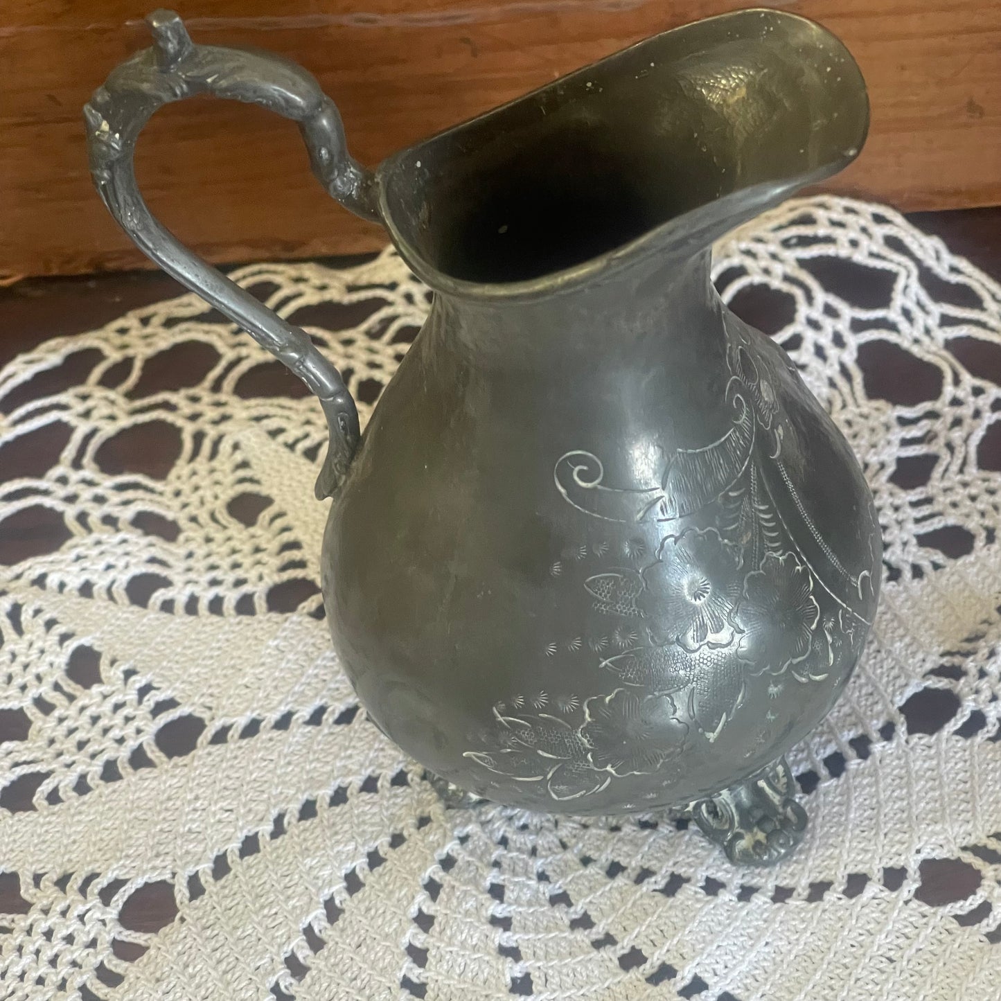 Victorian Pewter Cream Jug – Engraved Floral, c.1890
