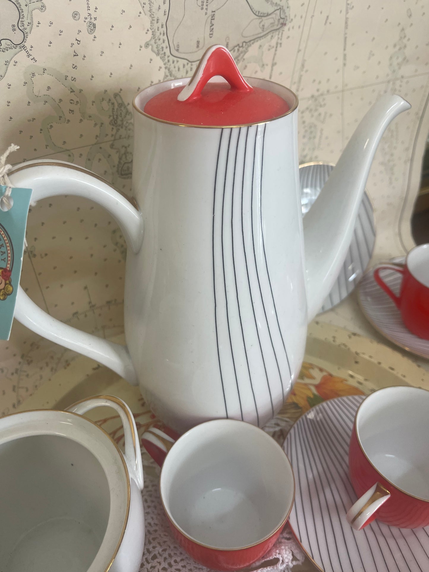 White and burnt orange vintage Sango Japanese Coffee Set