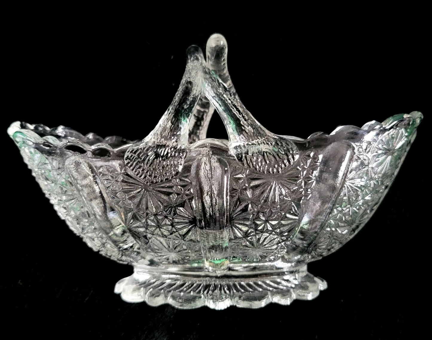 Fenton Glass Crossed Twig Handle Oval Basket Panel Button Daisy 1960's Signed
