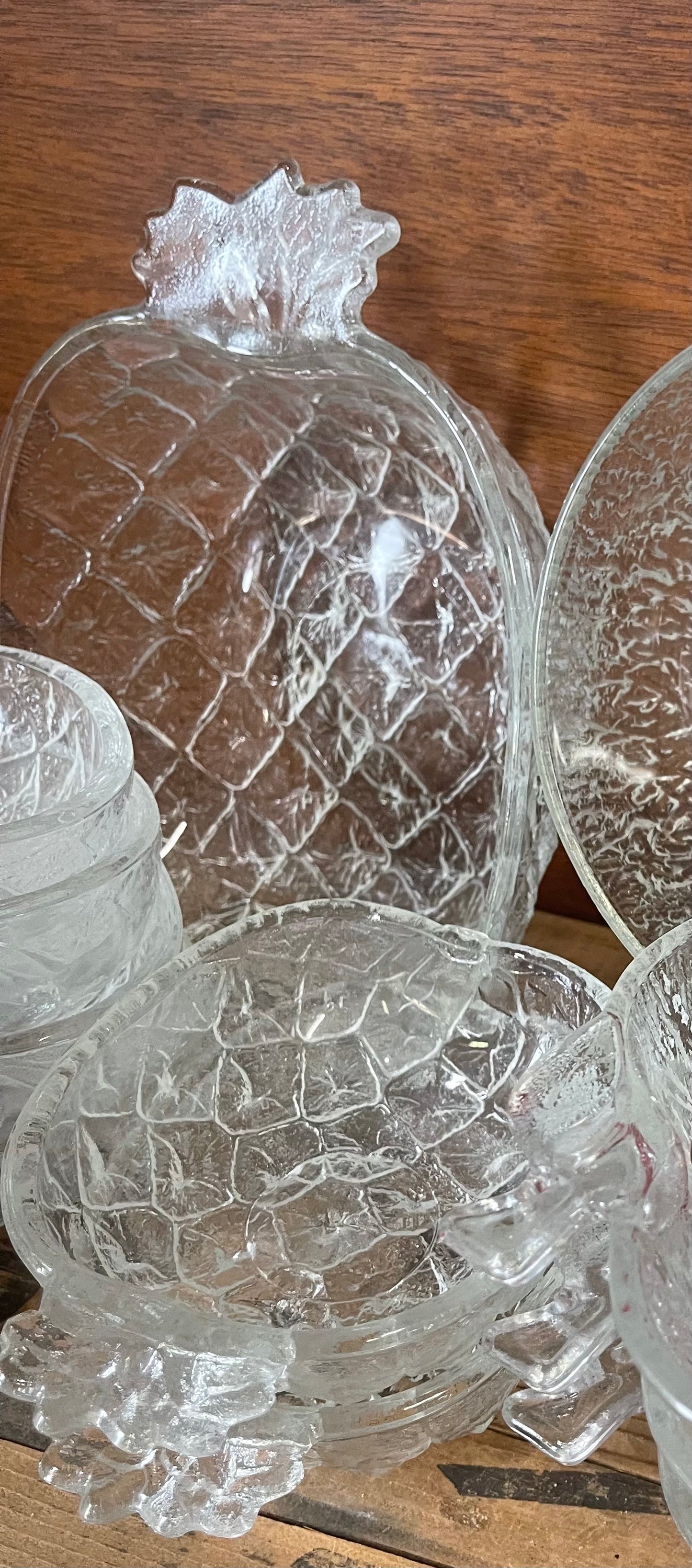 Vintage Italian glass B and B Fruit Salad Bowls, large bowl with six small bowls, Pineapple design