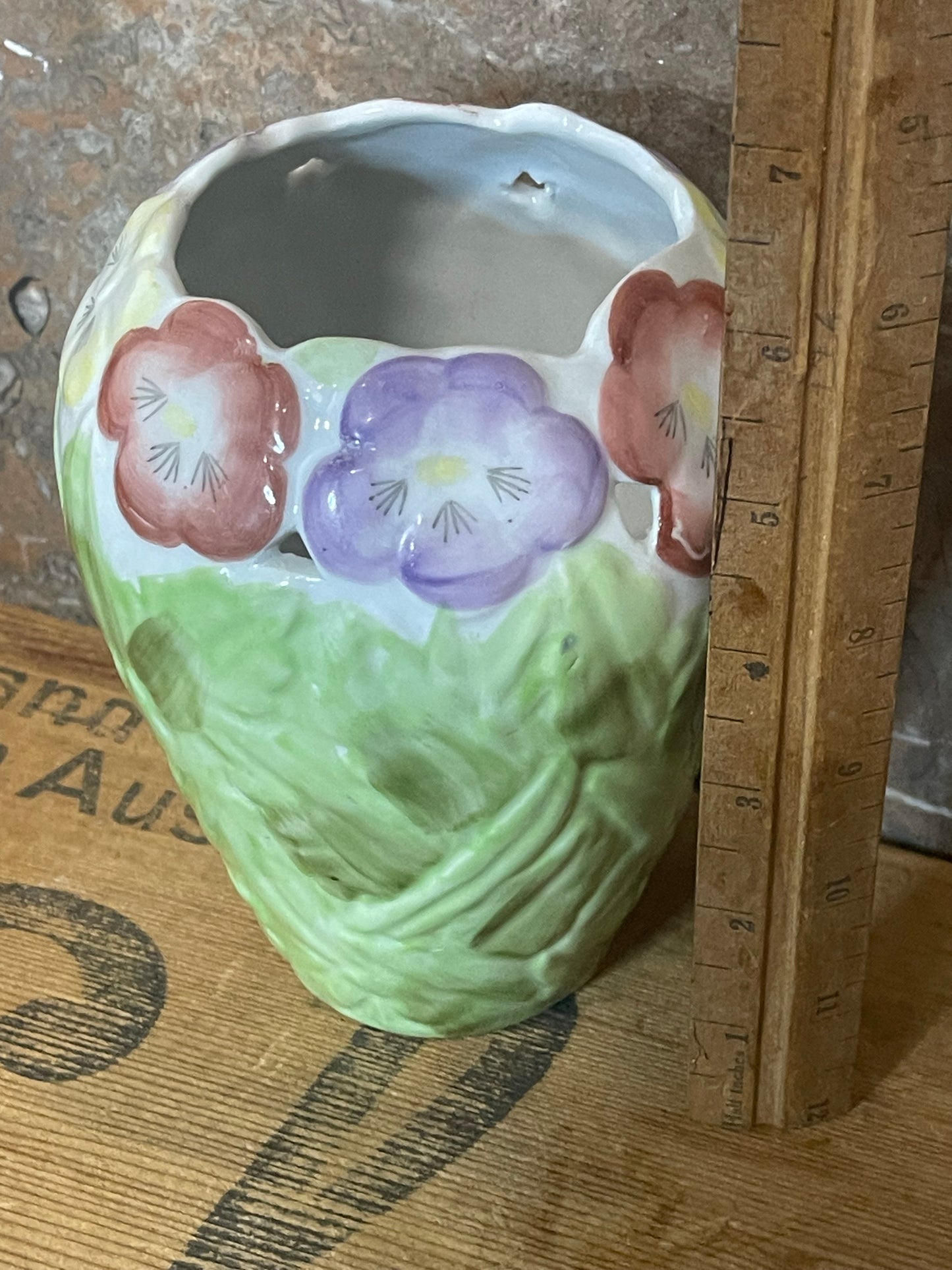 Vintage Hand-Painted Green Leaf and Floral Vase