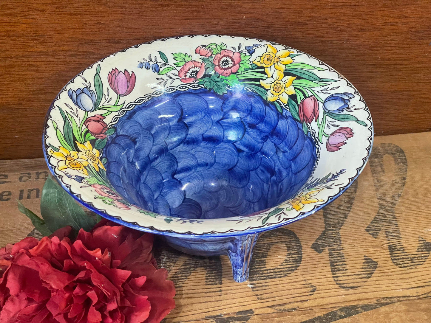Vintage 1930s Maling Ware England Hand-Painted Blue Floral Bowl – “Springtime” Design