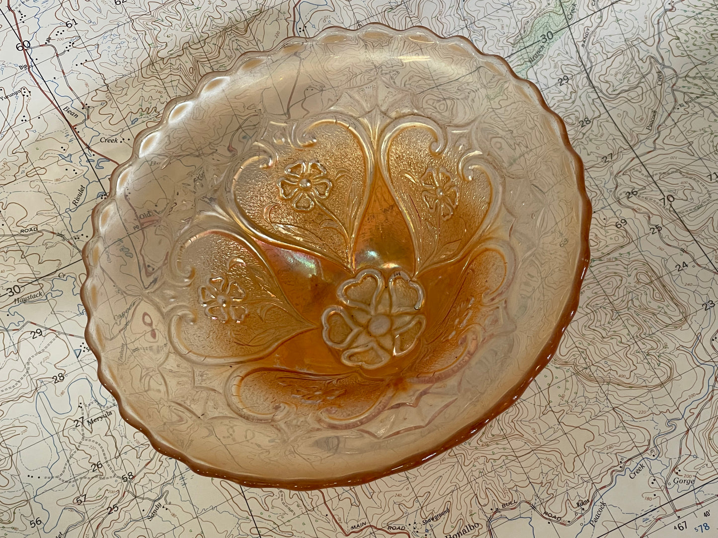 Vintage Marigold Carnival Glass Pedestal Bowl – Heart & Flower Pattern