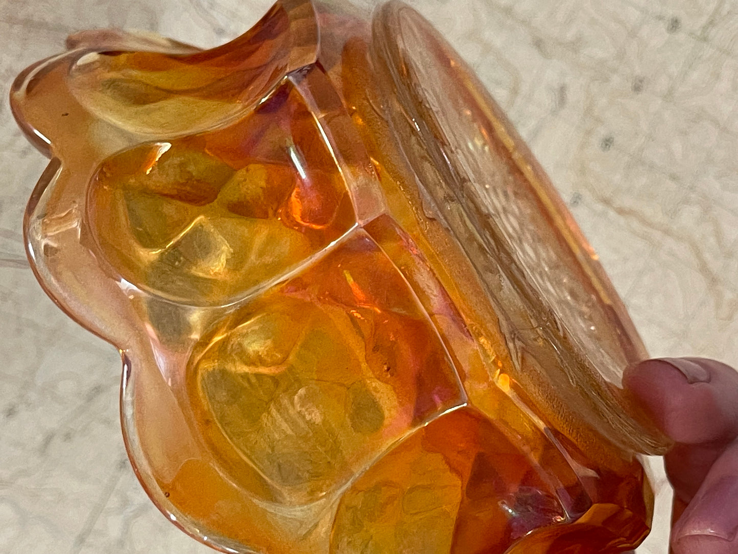 Vintage Marigold Carnival Glass Bowl with Grape & Leaf Pattern – 15cm