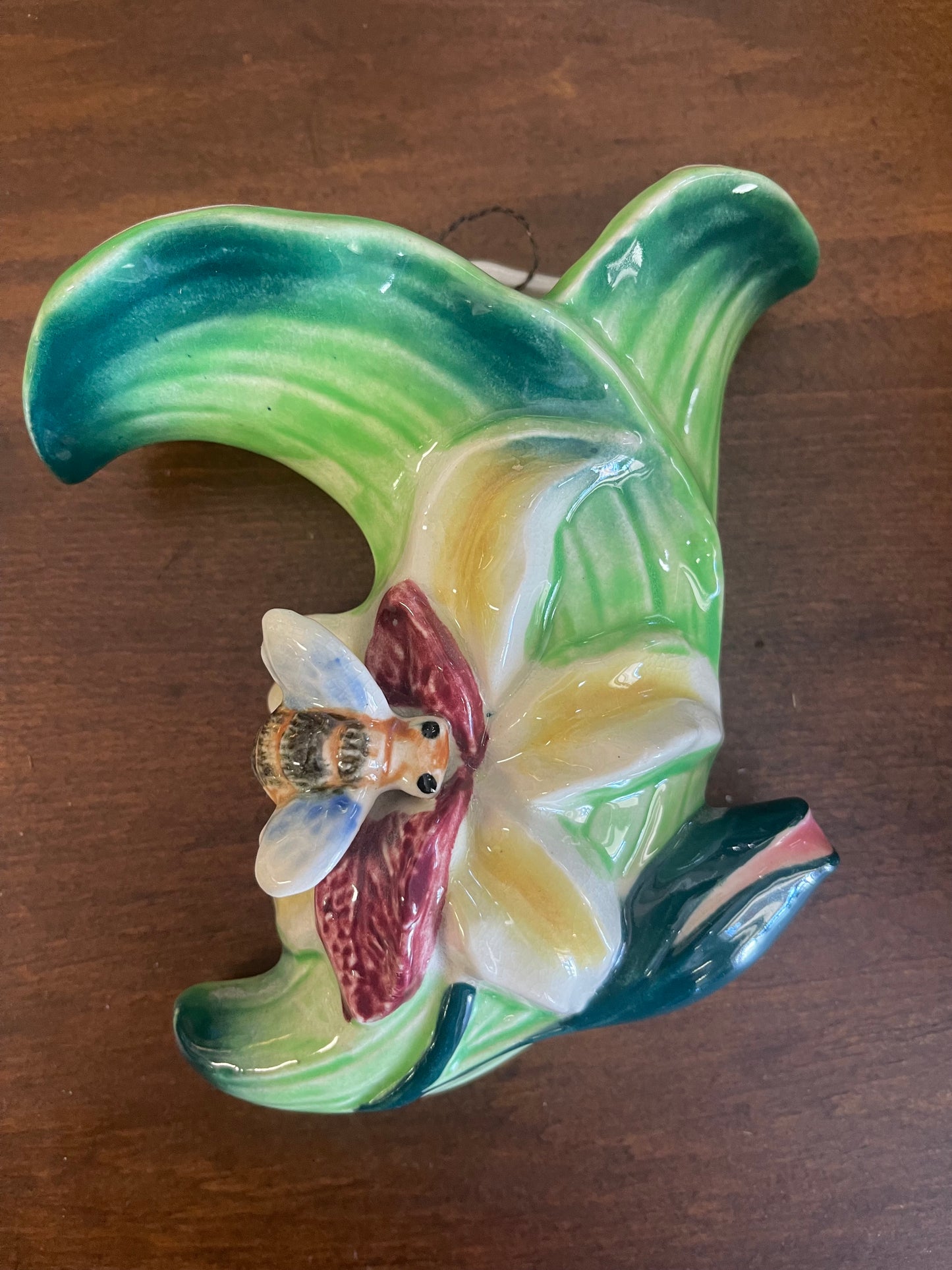 Vintage Bee and Flower Japanese wall pocket vase c.1950s
