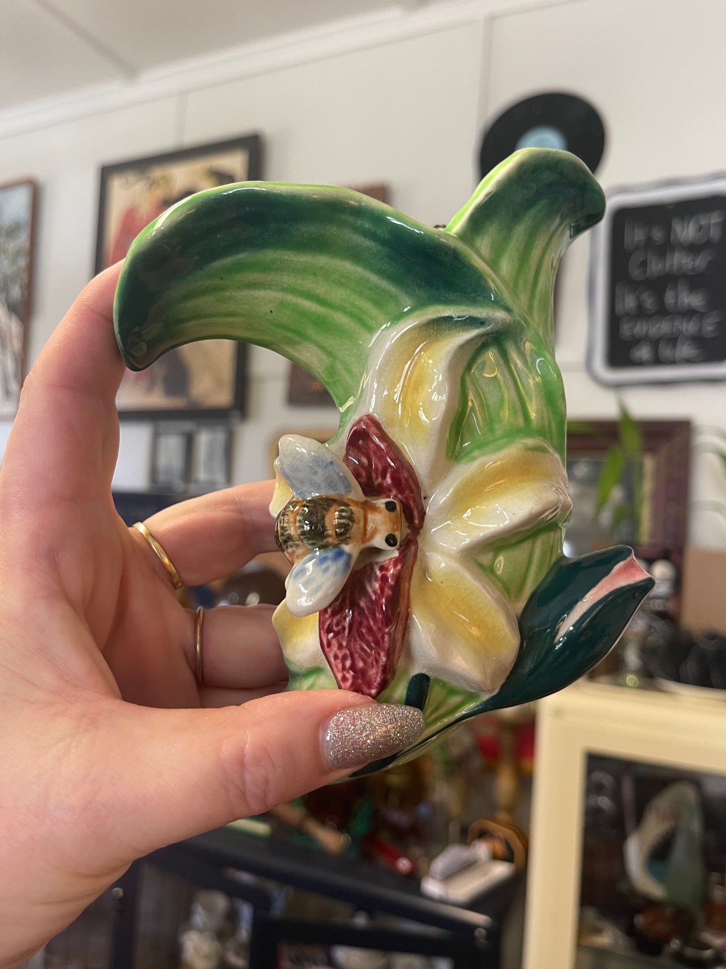 Vintage Bee and Flower Japanese wall pocket vase c.1950s