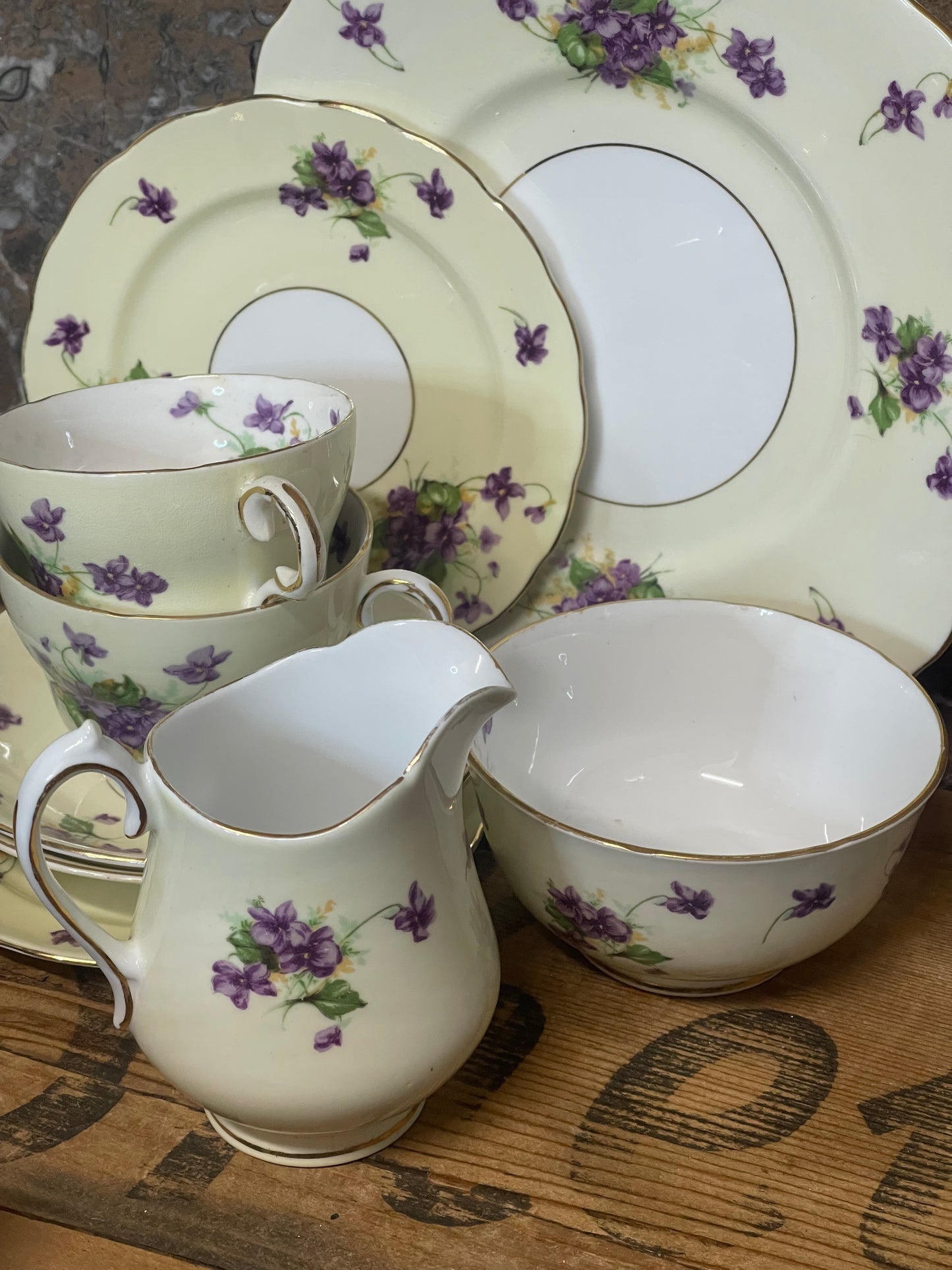 Melba Bone China Violet Teaset – Two Trios (c.1940s–50s)