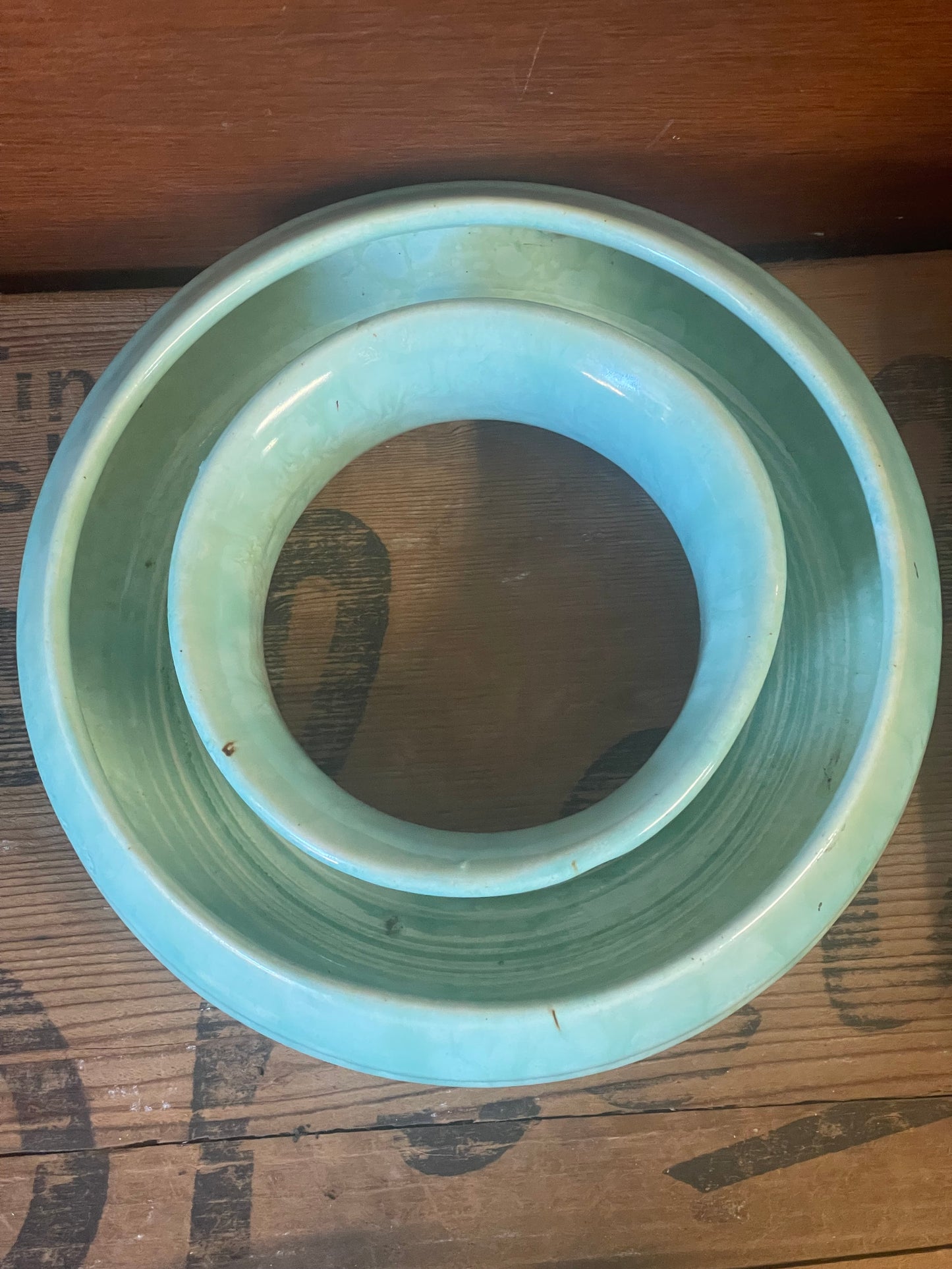 Vintage Australian Newtone Art Ware Pottery Posy Ring, Green Round Ceramic Trough Vase