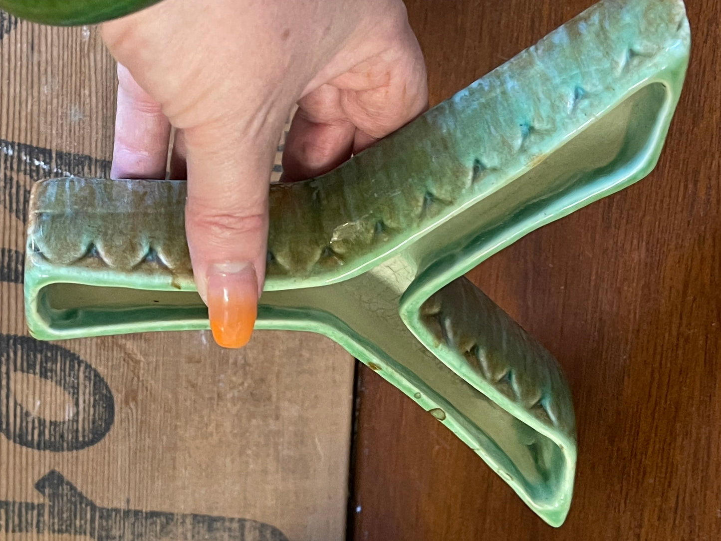 Vintage Australian Diana Pottery Green Brown Ceramic Y shaped Trough Vase