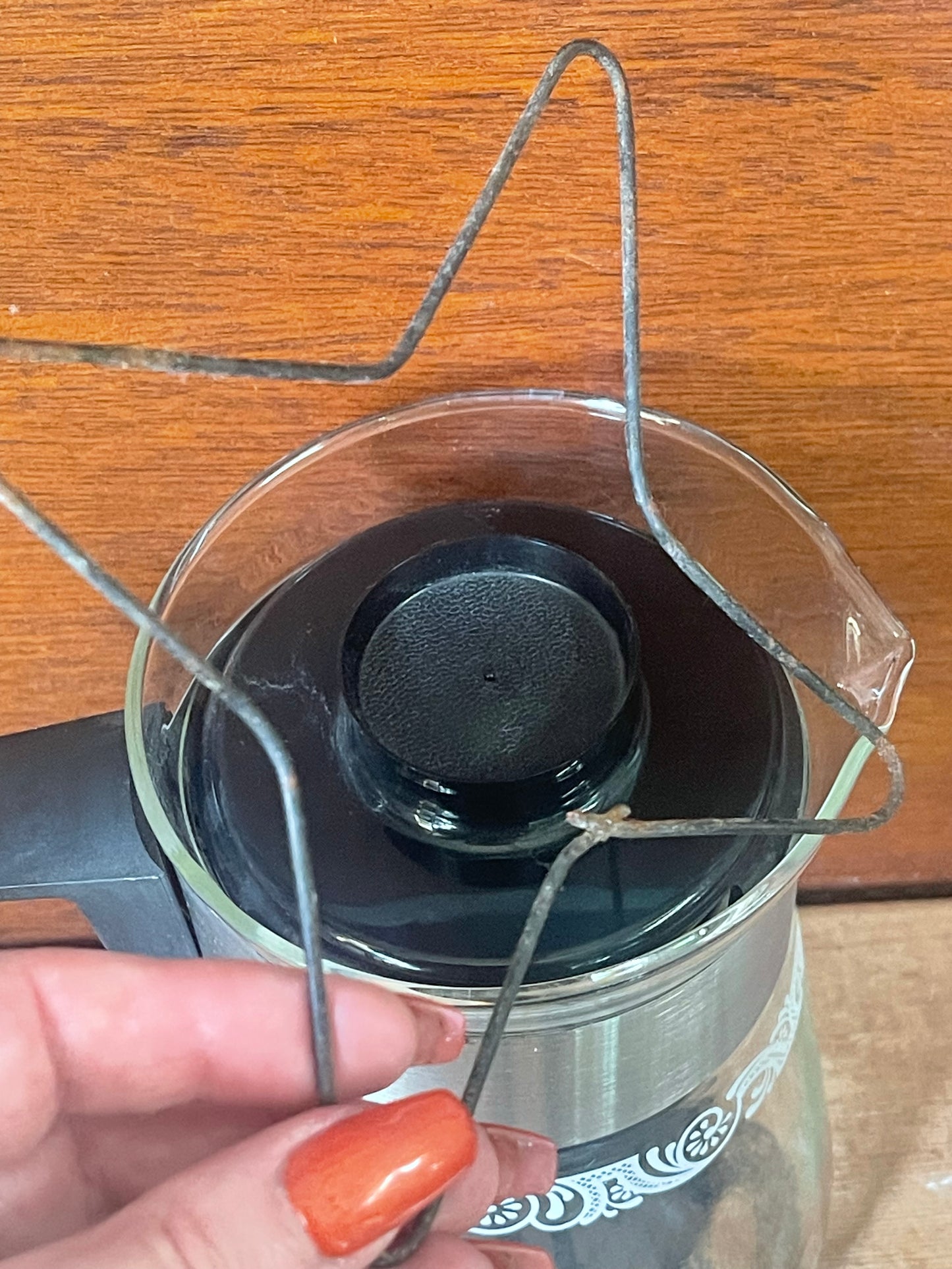 Vintage Pyrex Glass & Steel Stovetop Coffee Percolator — White Scroll Pattern (c.1970s)