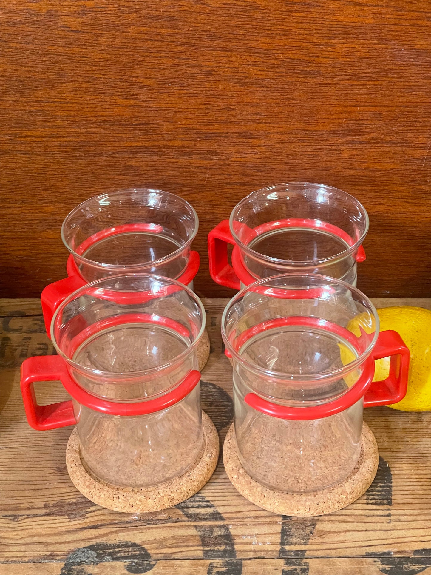 Set of Four Bodum Denmark glass coffee or tea mugs with Red Handles