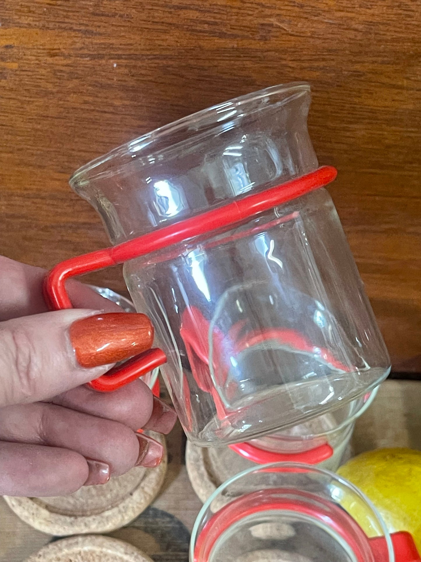 Set of Four Bodum Denmark glass coffee or tea mugs with Red Handles