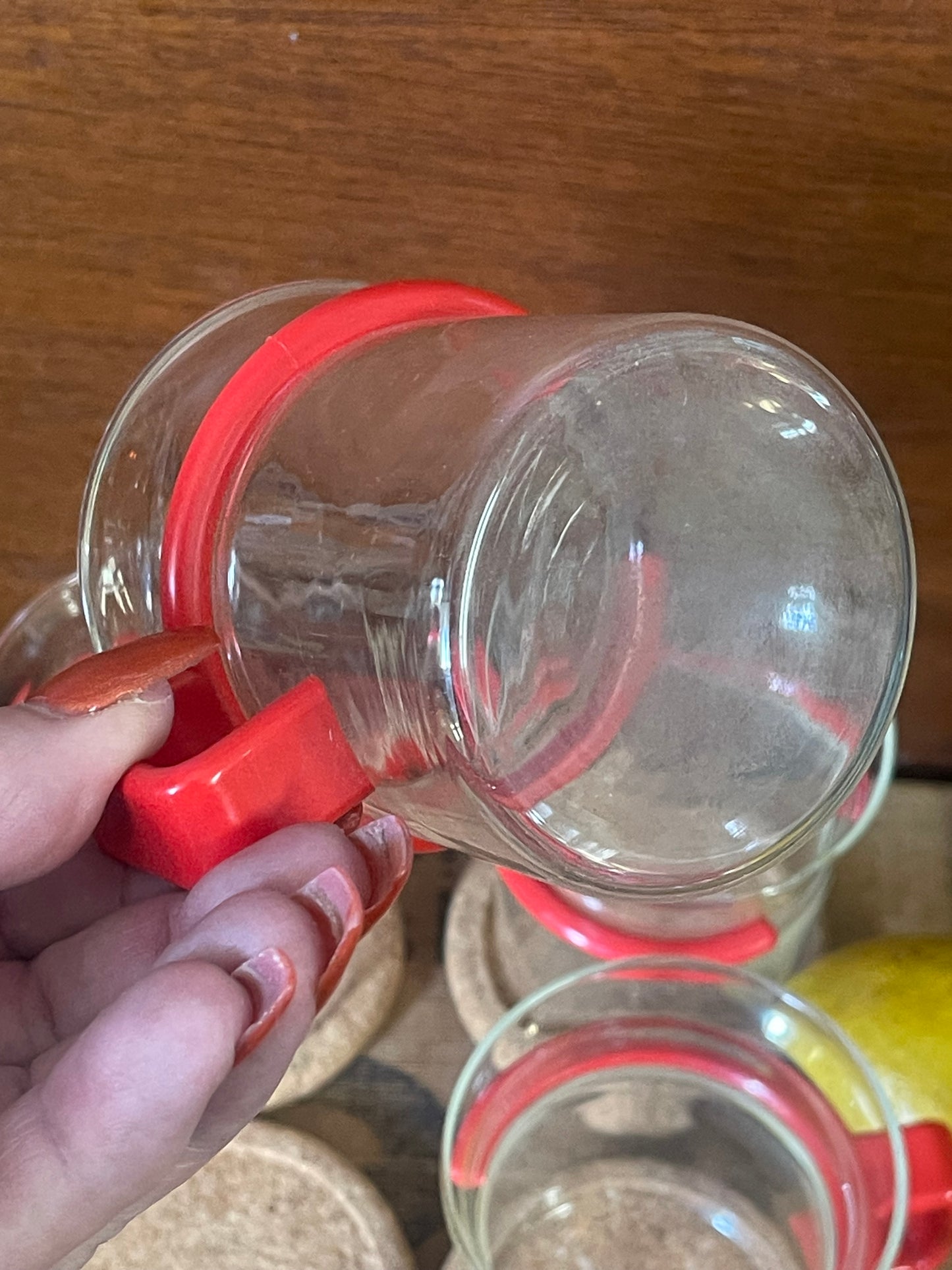 Set of Four Bodum Denmark glass coffee or tea mugs with Red Handles