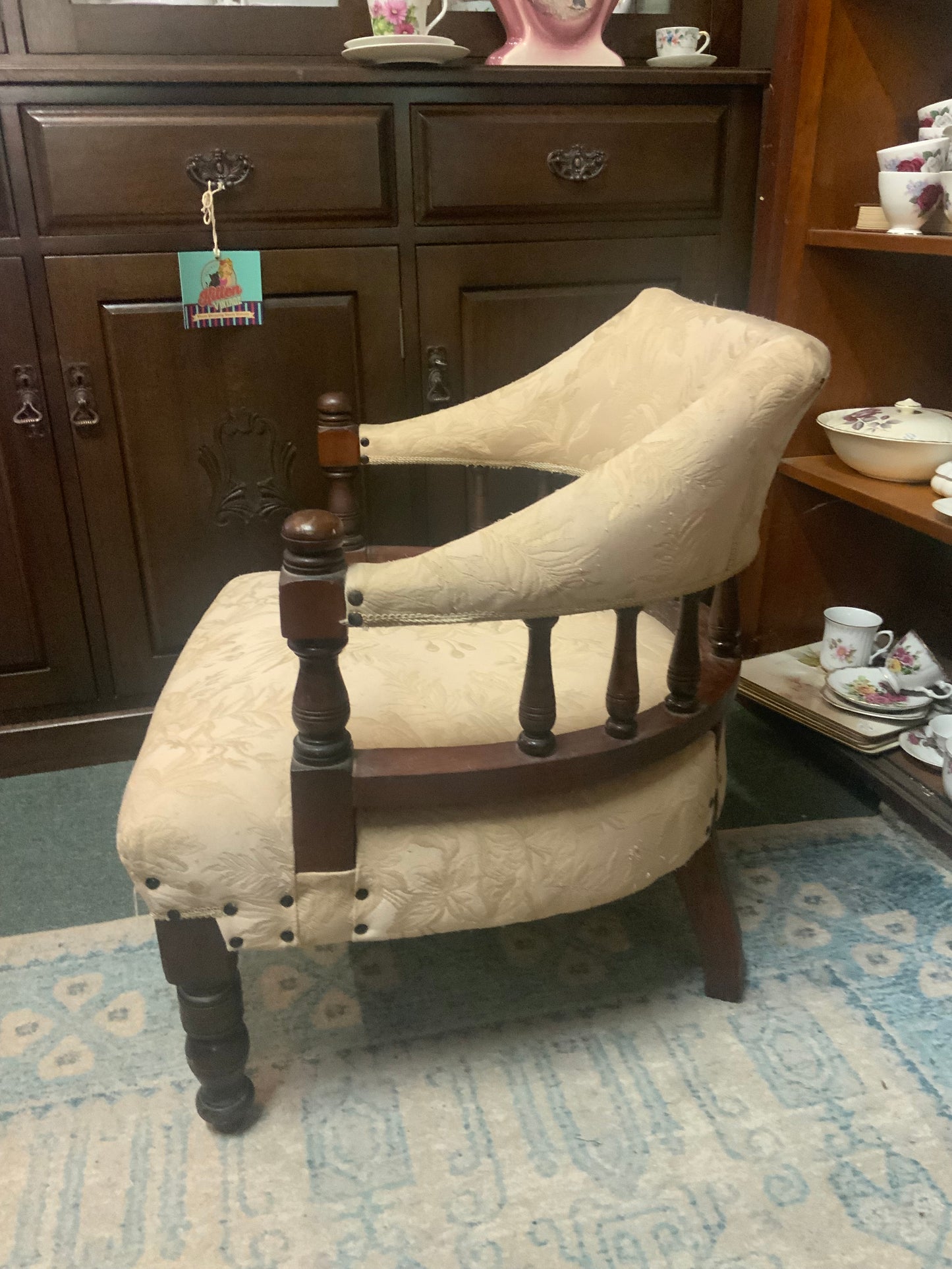 Antique c.1900 Carved Wooden Armchair with Cream Damask Upholstery