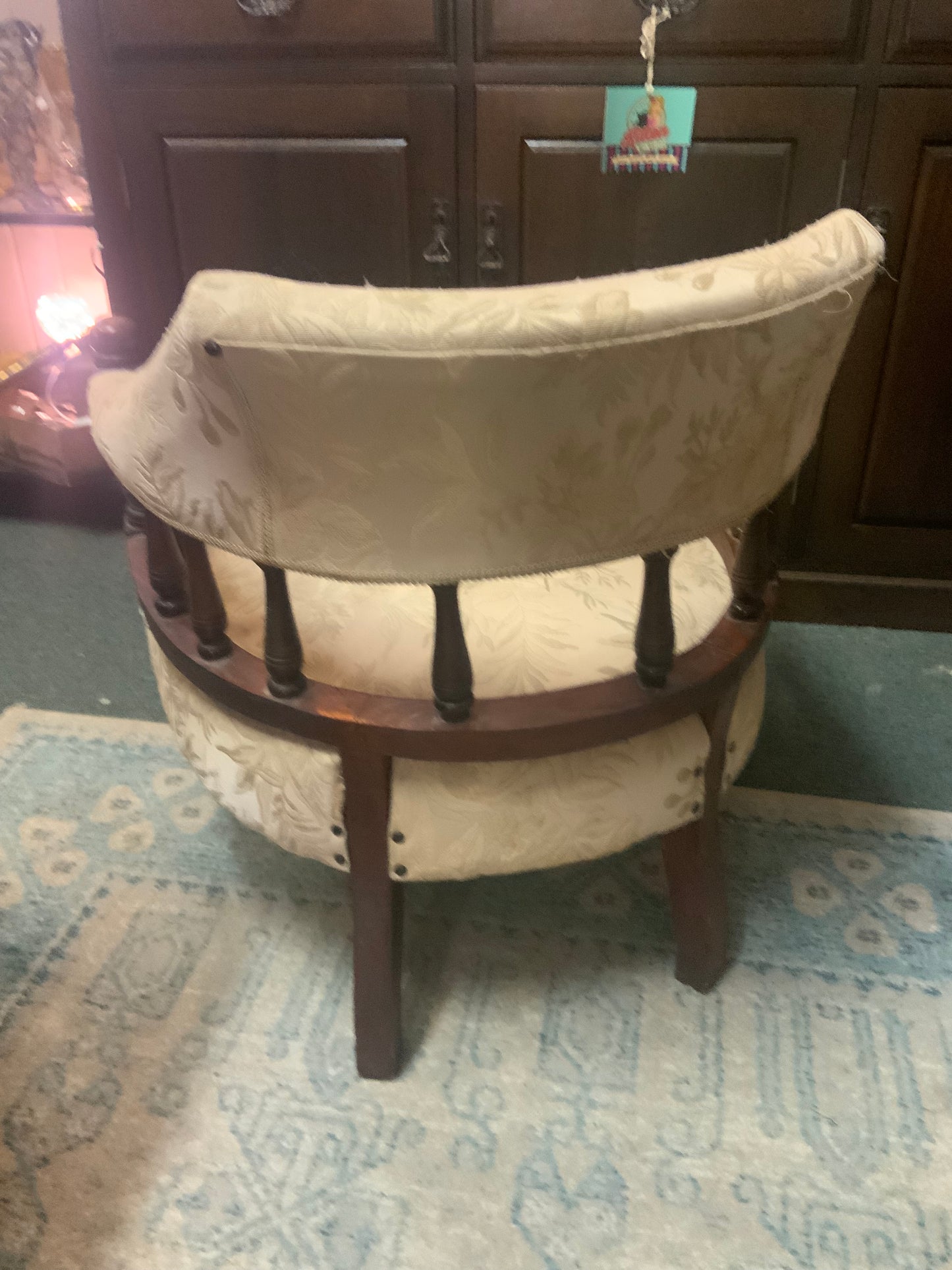 Antique c.1900 Carved Wooden Armchair with Cream Damask Upholstery