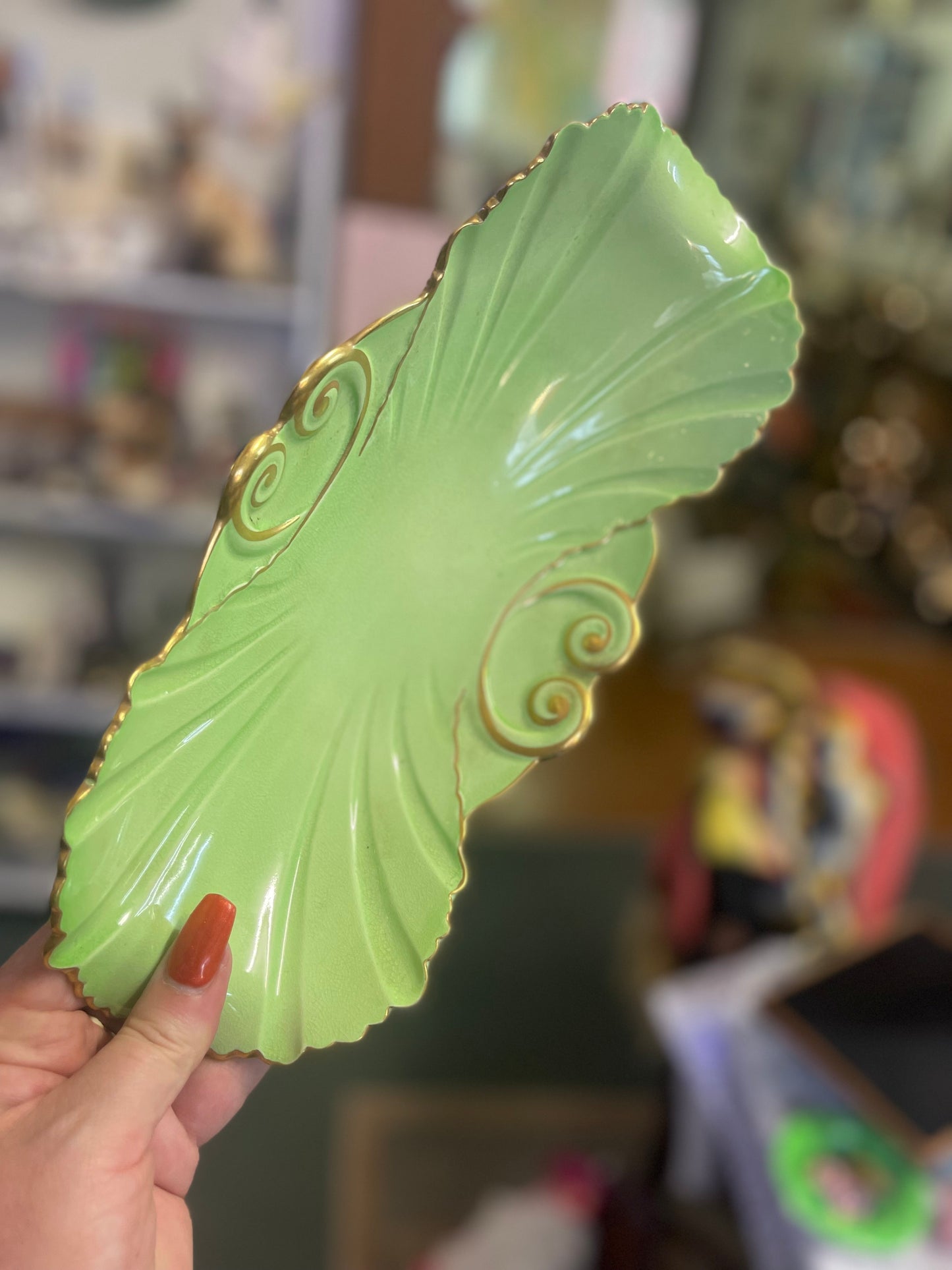Vintage CARLTON WARE curved green dish with gold trim