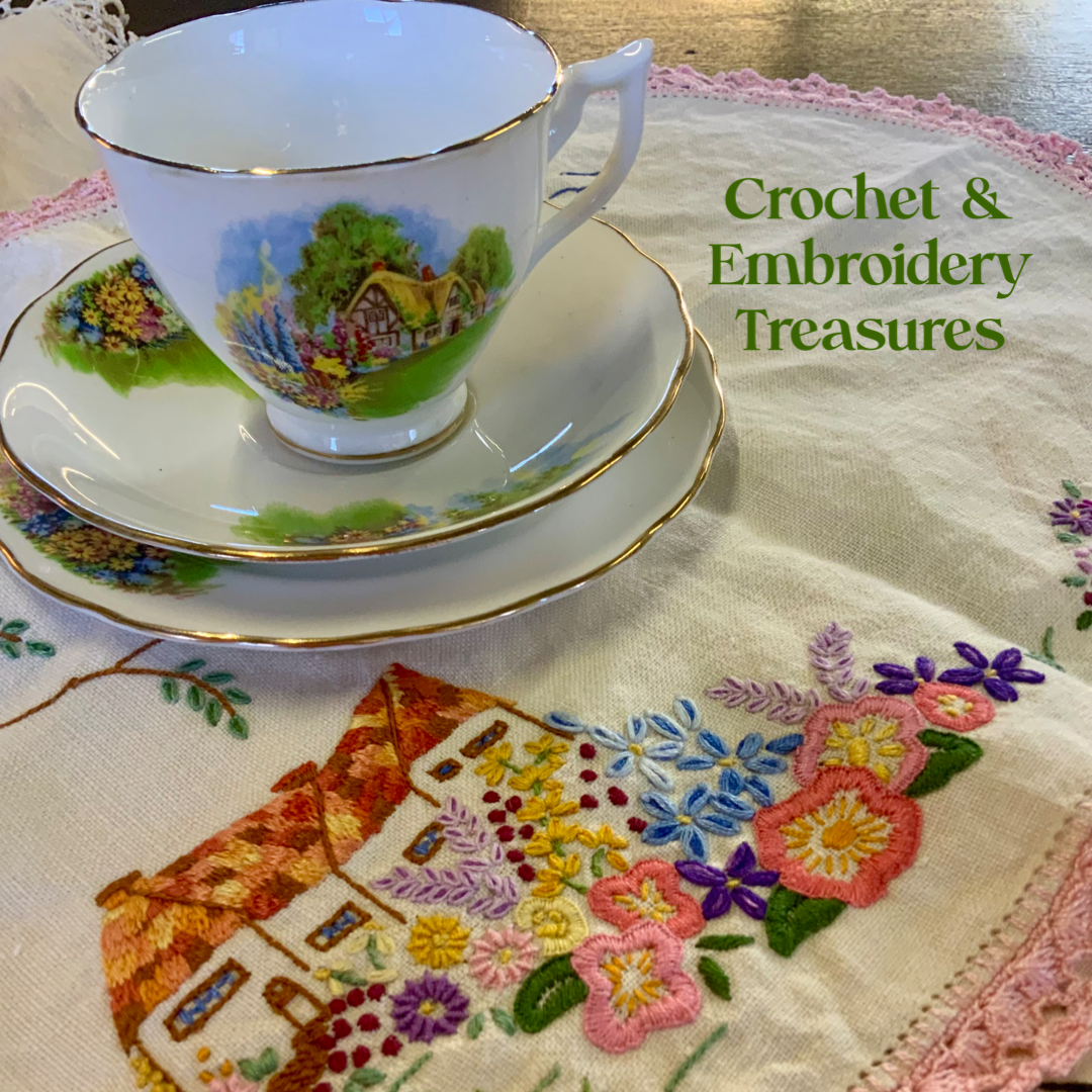 Vintage Hand-Embroidered Linen Doily with Cottage & Garden Scene