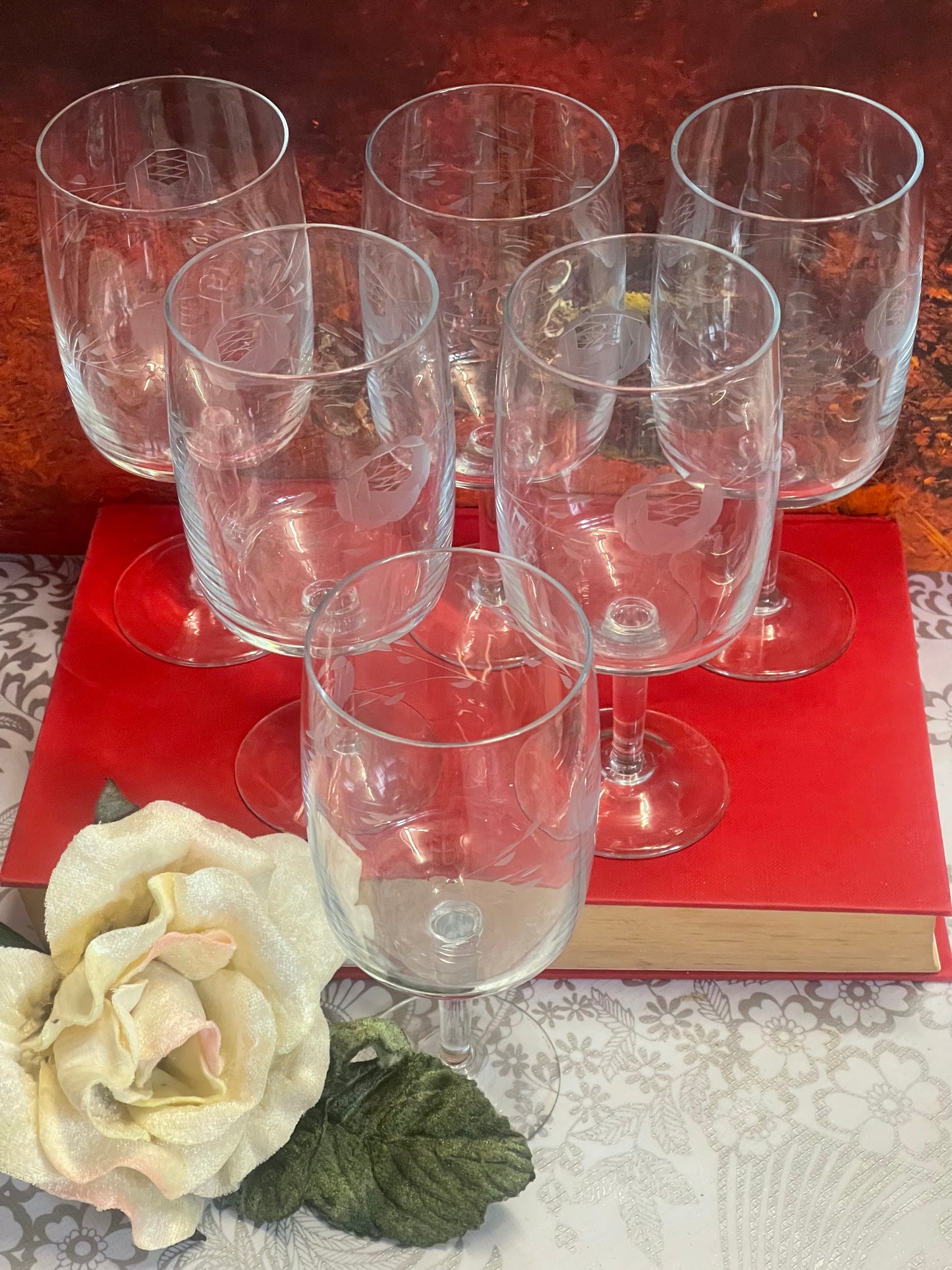 Vintage 1950s Flower Etched Crystal Wine Glasses Coupe set of 6