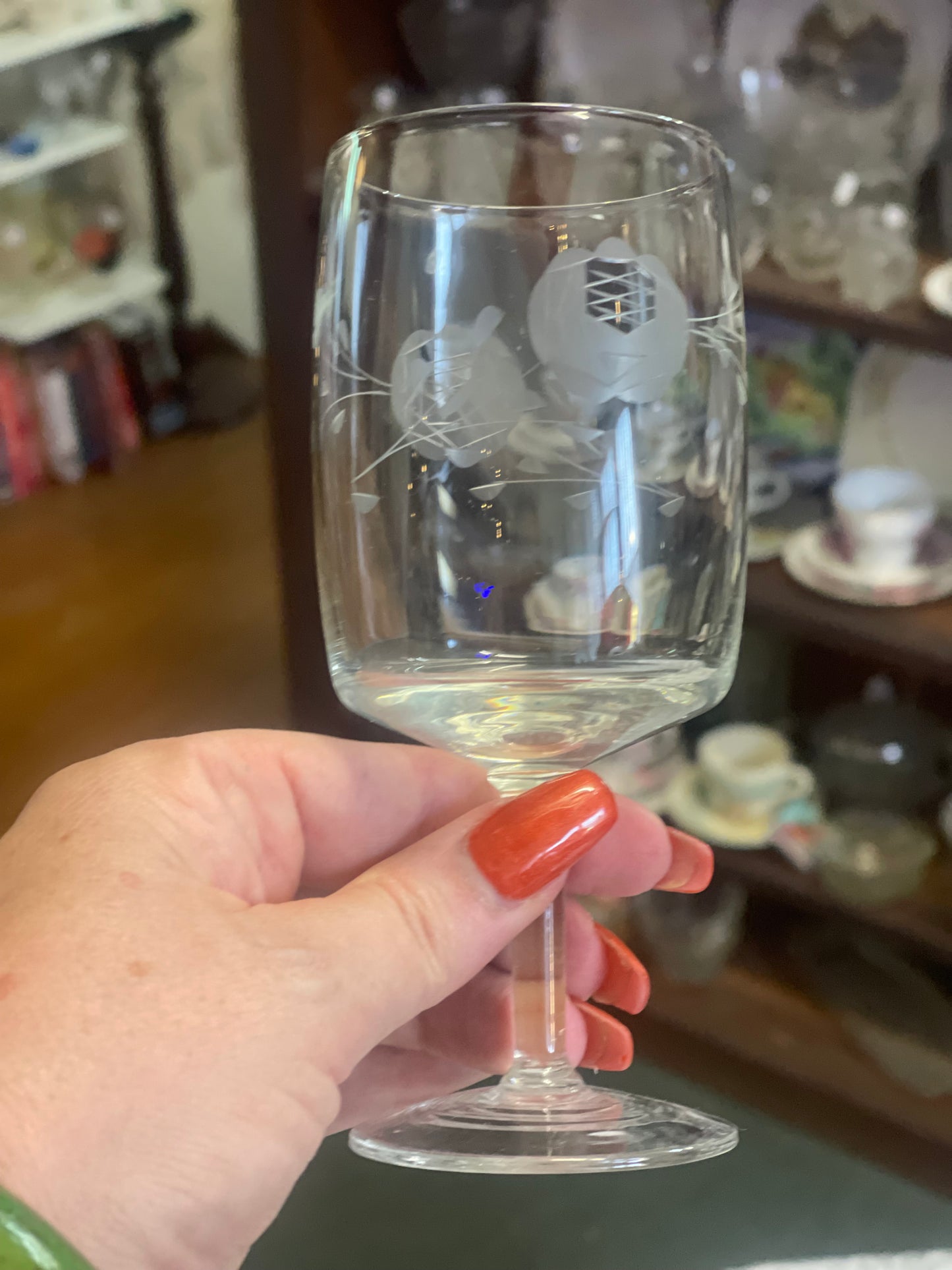 Vintage 1950s Flower Etched Crystal Wine Glasses Coupe set of 6