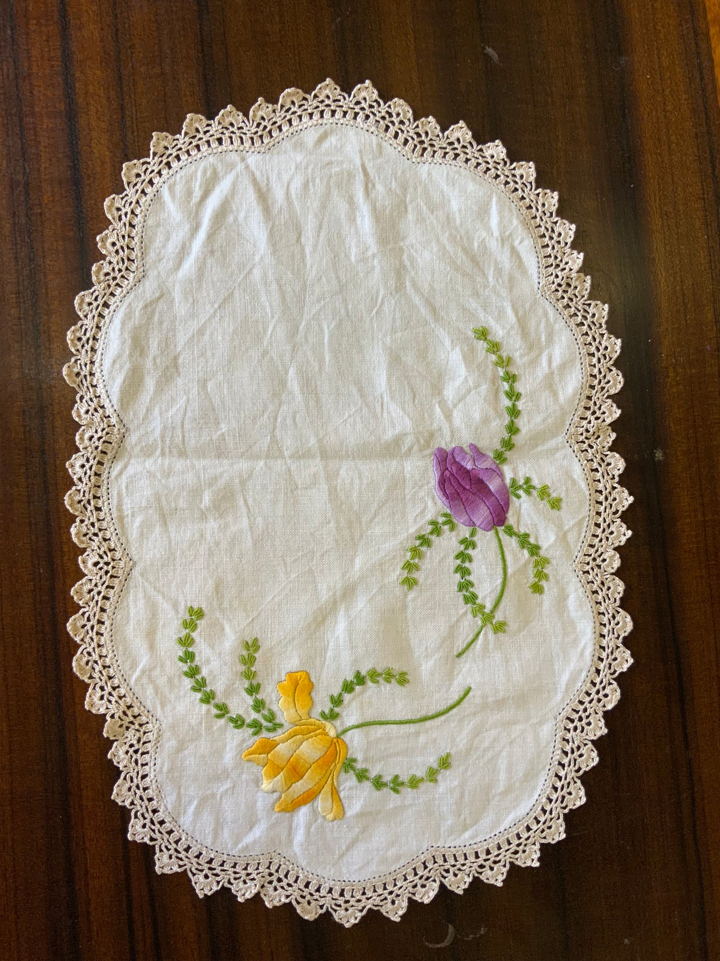 Vintage Hand-Embroidered Doily – Purple & Yellow Flowers with Crochet Edging