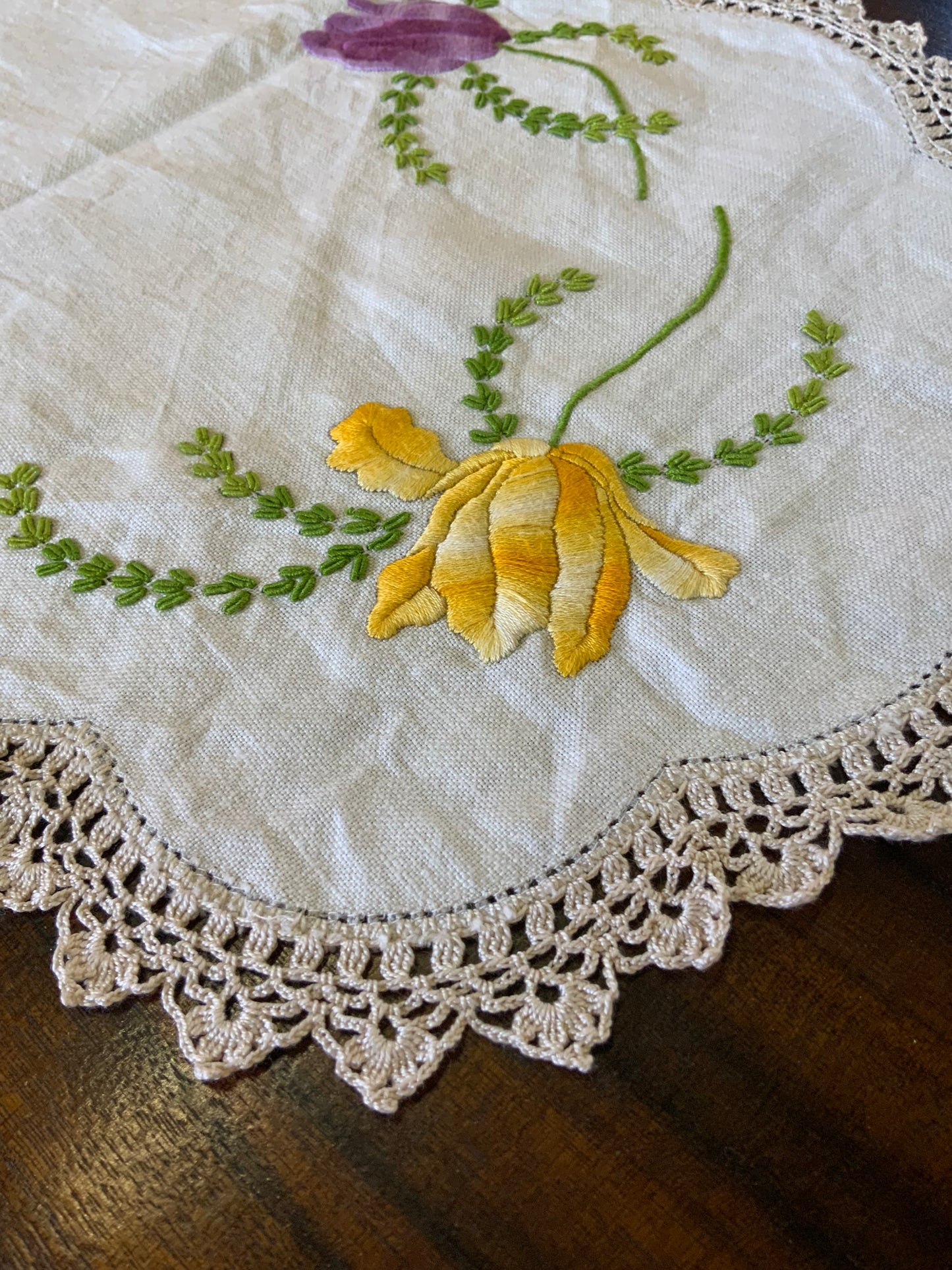 Vintage Hand-Embroidered Doily – Purple & Yellow Flowers with Crochet Edging