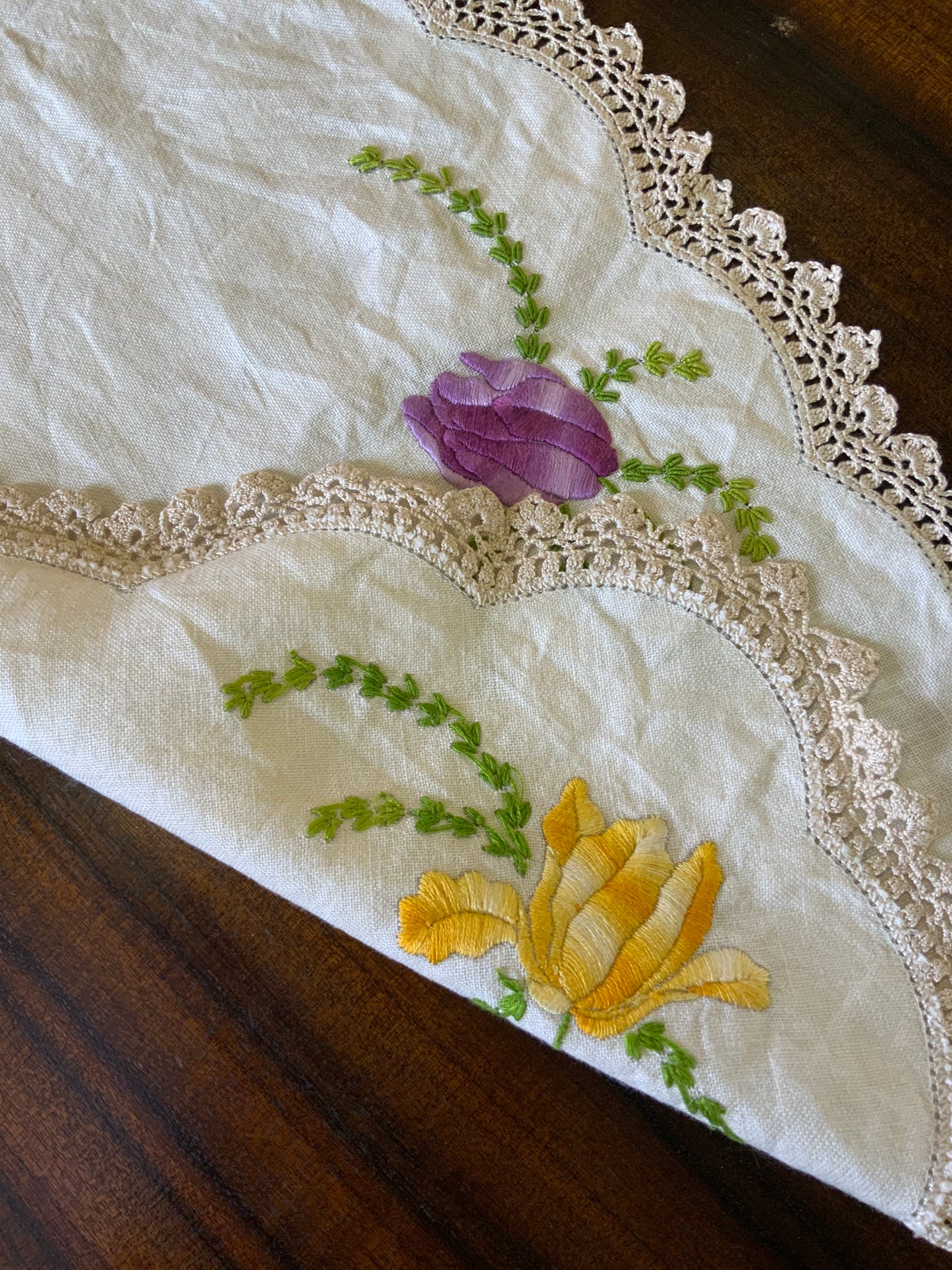 Vintage Hand-Embroidered Doily – Purple & Yellow Flowers with Crochet Edging