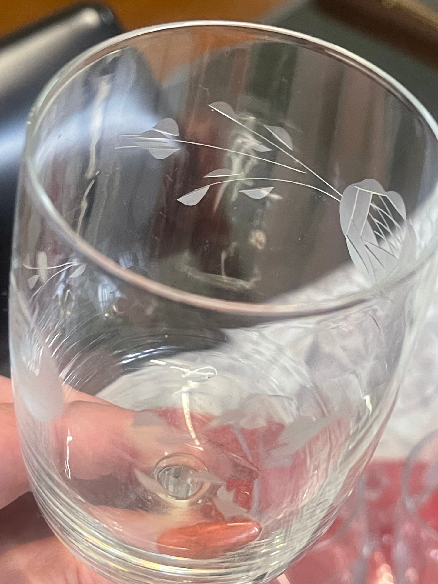 Vintage 1950s Flower Etched Crystal Wine Glasses Coupe set of 6