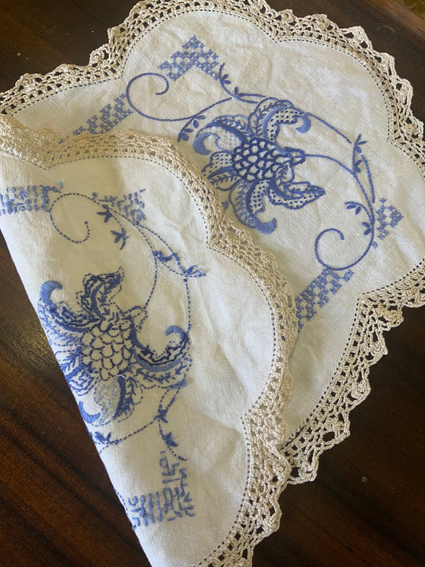 Vintage Hand-Embroidered Doily – Blue Florals with Crochet Edging