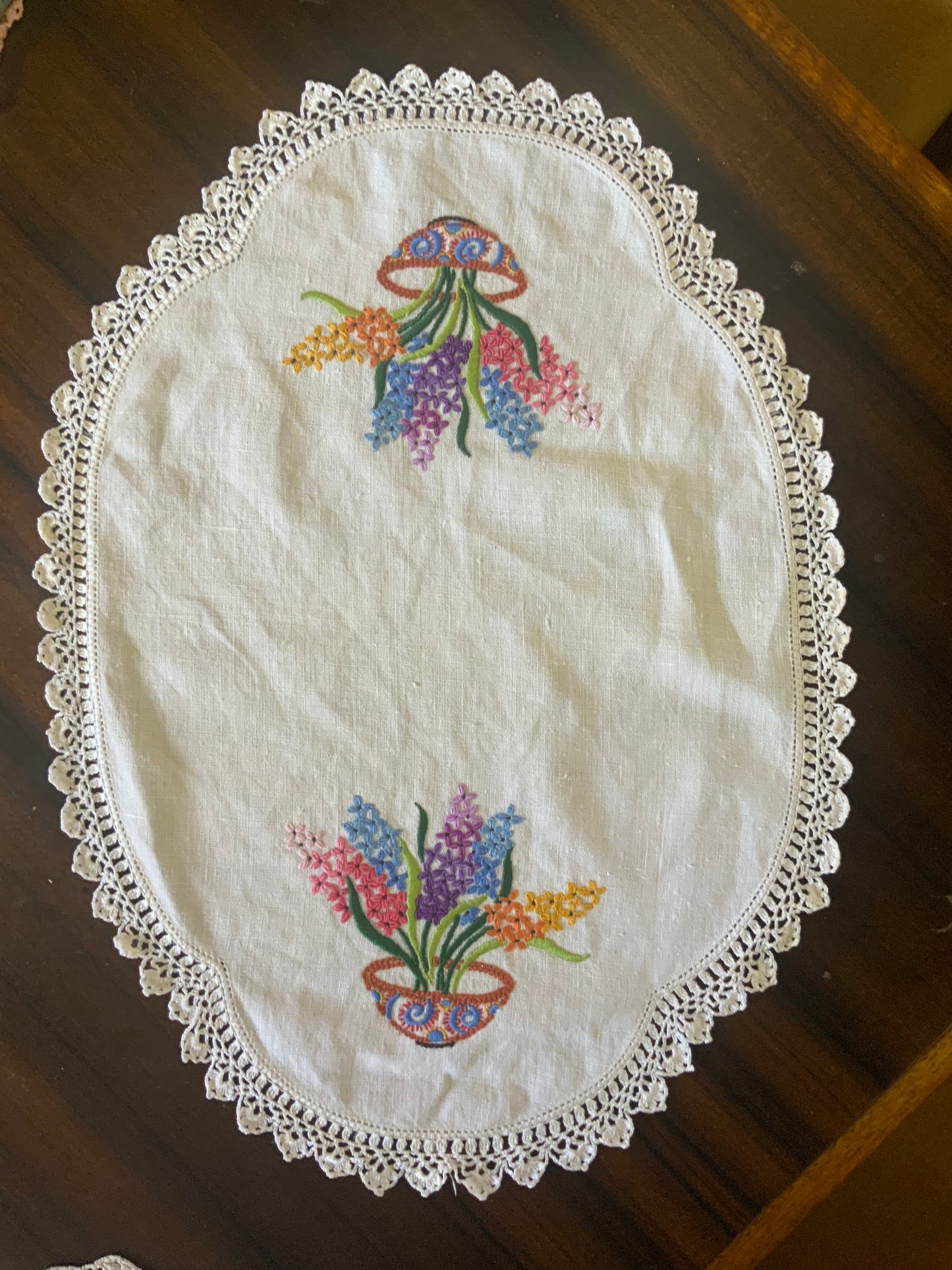 Vintage Hand-Embroidered Doily – Basket of Hyacinths & Spring Flowers with Crochet Edging