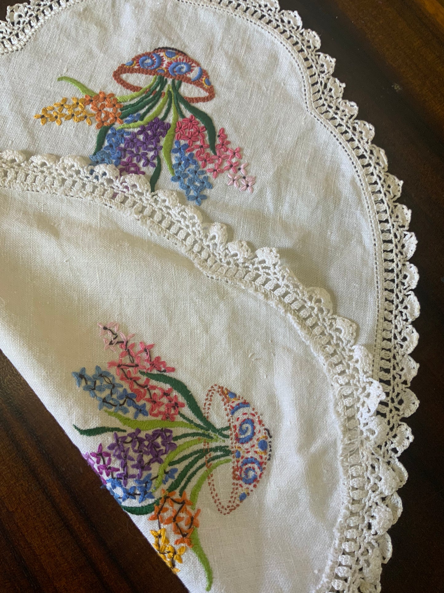 Vintage Hand-Embroidered Doily – Basket of Hyacinths & Spring Flowers with Crochet Edging
