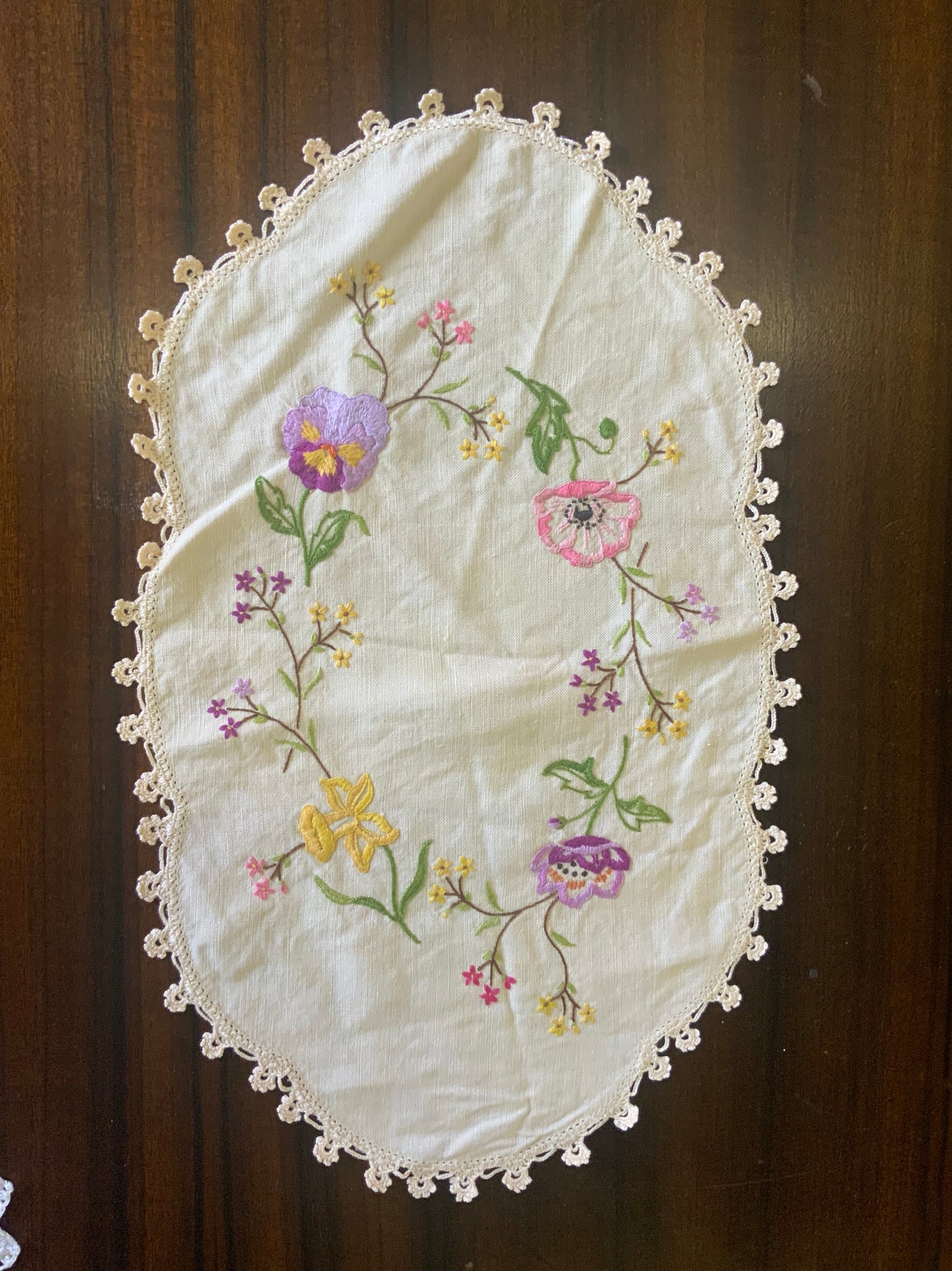 Vintage Hand-Embroidered Doily – Multicolour Florals with Crochet Edging
