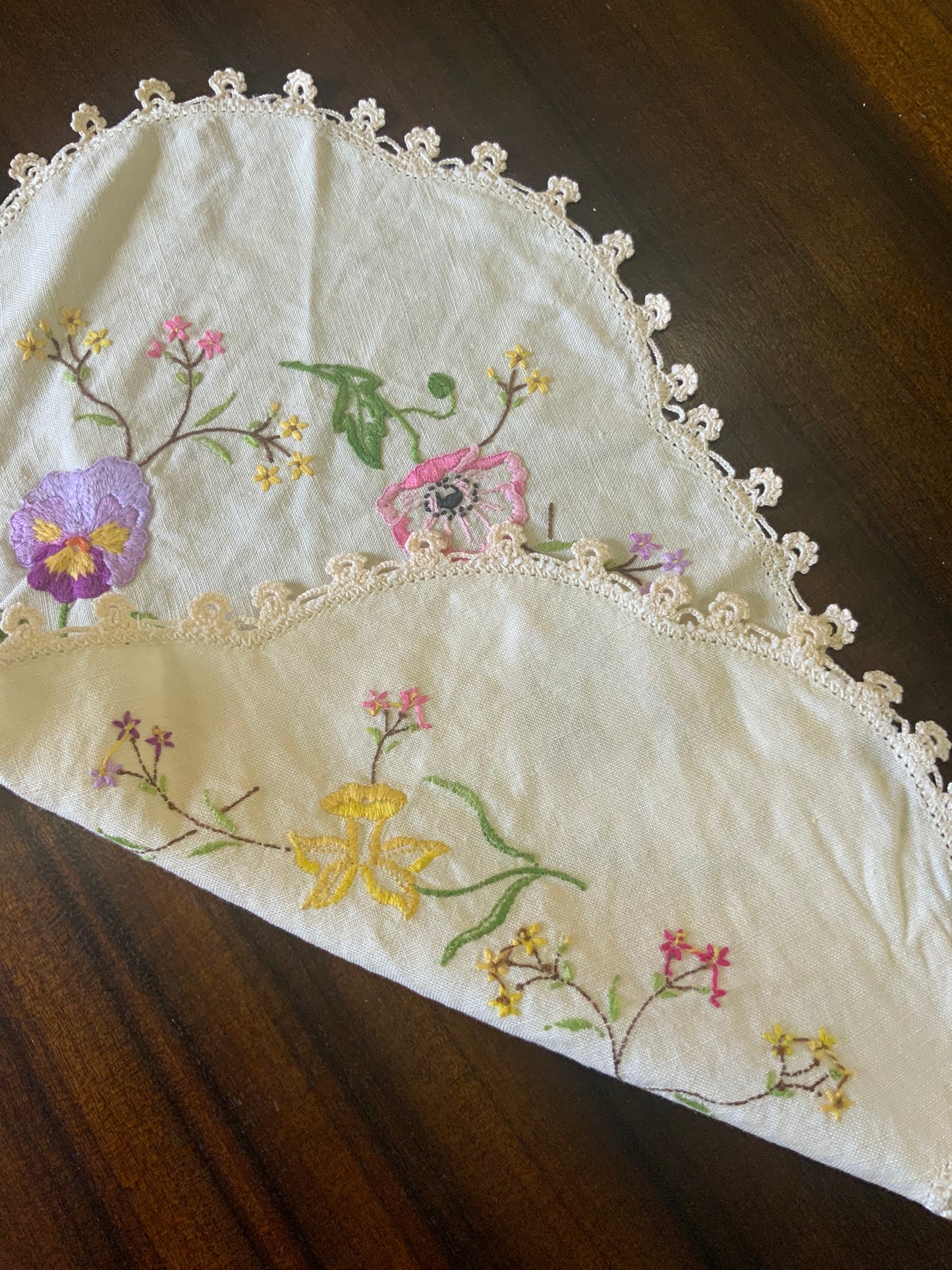 Vintage Hand-Embroidered Doily – Multicolour Florals with Crochet Edging