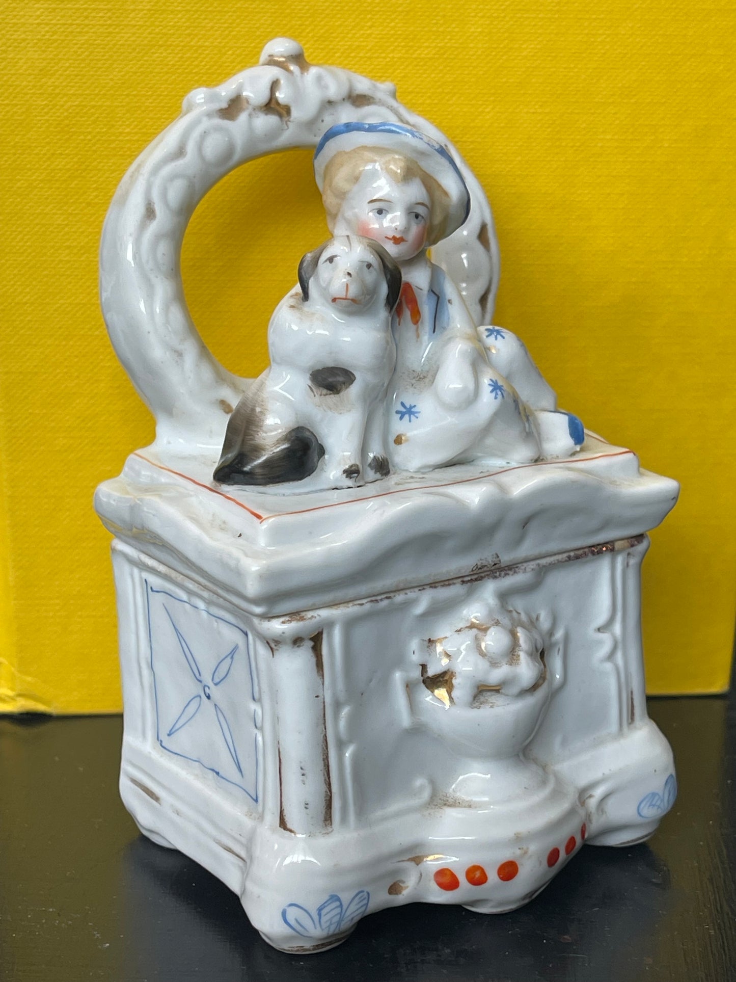 Antique Victorian Conta & Boehme Fairing Trinket Box – “Boy Hugging Dog”