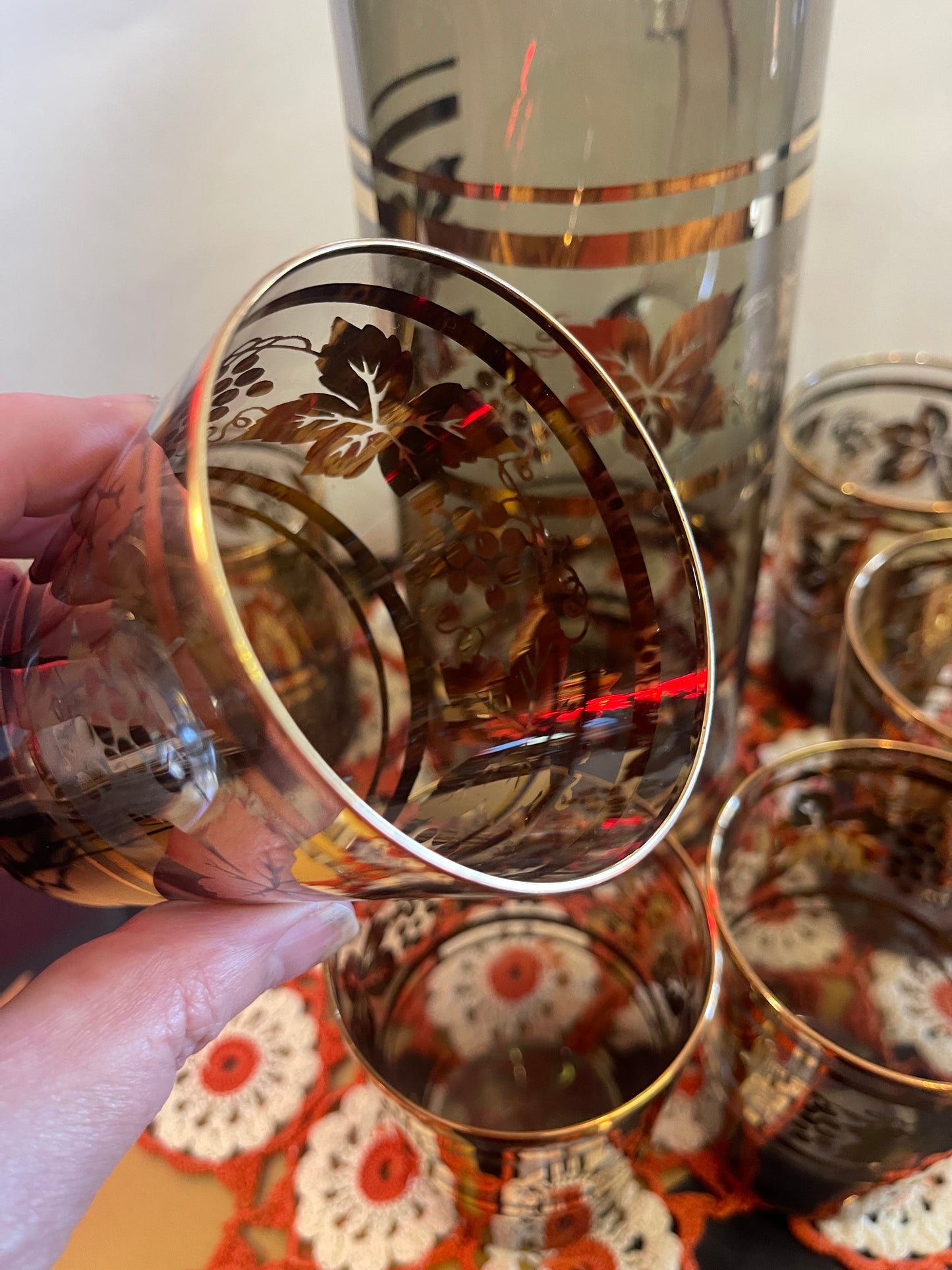 Vintage Smokey Glass Cocktail Set with Gilt Grape Motif — 7 Piece Set