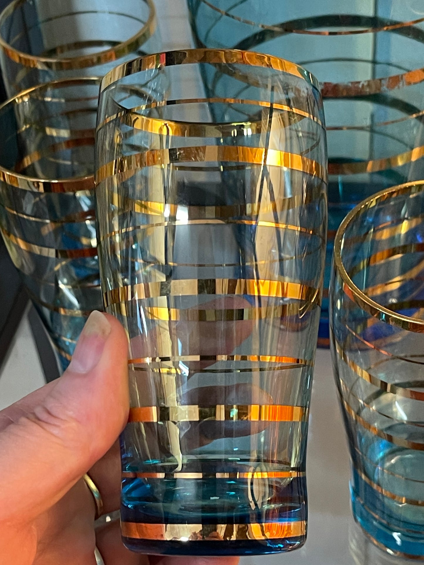 Mid-Century Aqua Blue Glass Lemonade Set with Gold Banding — 7 Piece Set