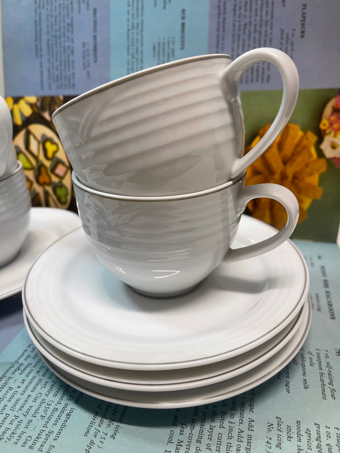 Noritake Japan Embossed White Cup & Saucer Set — Set of Four