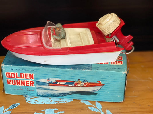 Vintage 60s 70s Golden Runner Battery Powered Toy Boat
