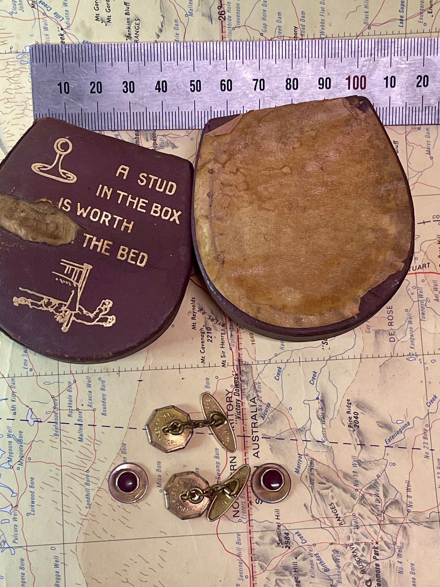 Vintage Swank Cufflinks & Stud Set with Original “A Stud in the Box is Worth xxxx the Bed” Case