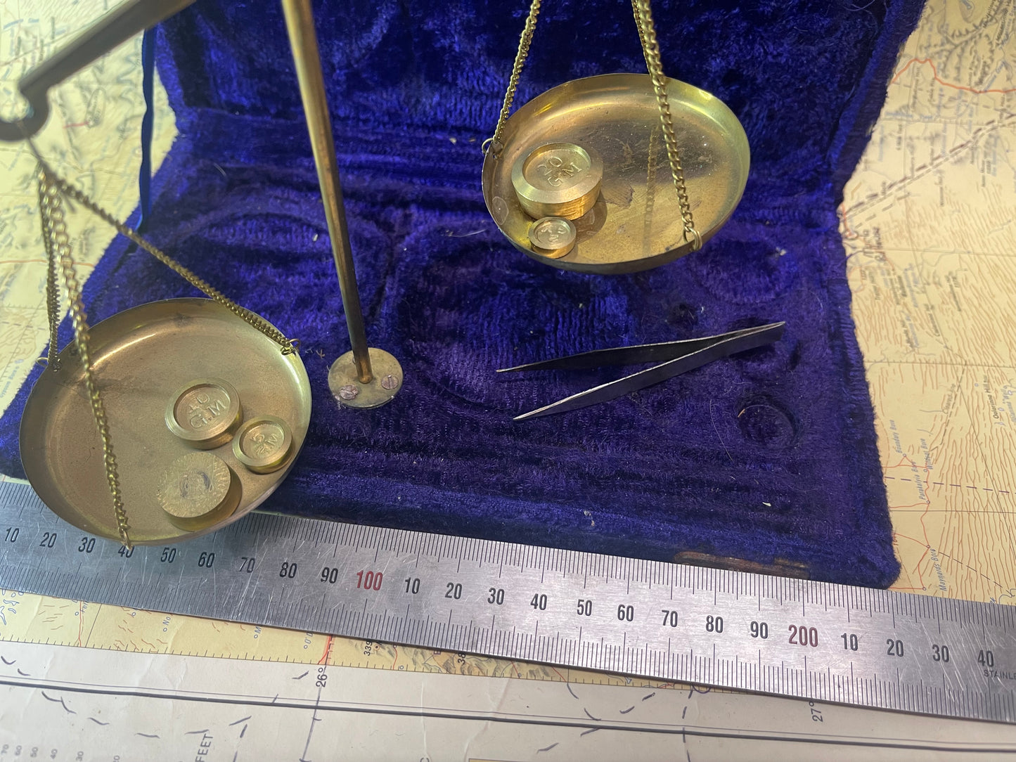 Vintage Miniature Brass Balance Scales in Original Velvet Case
