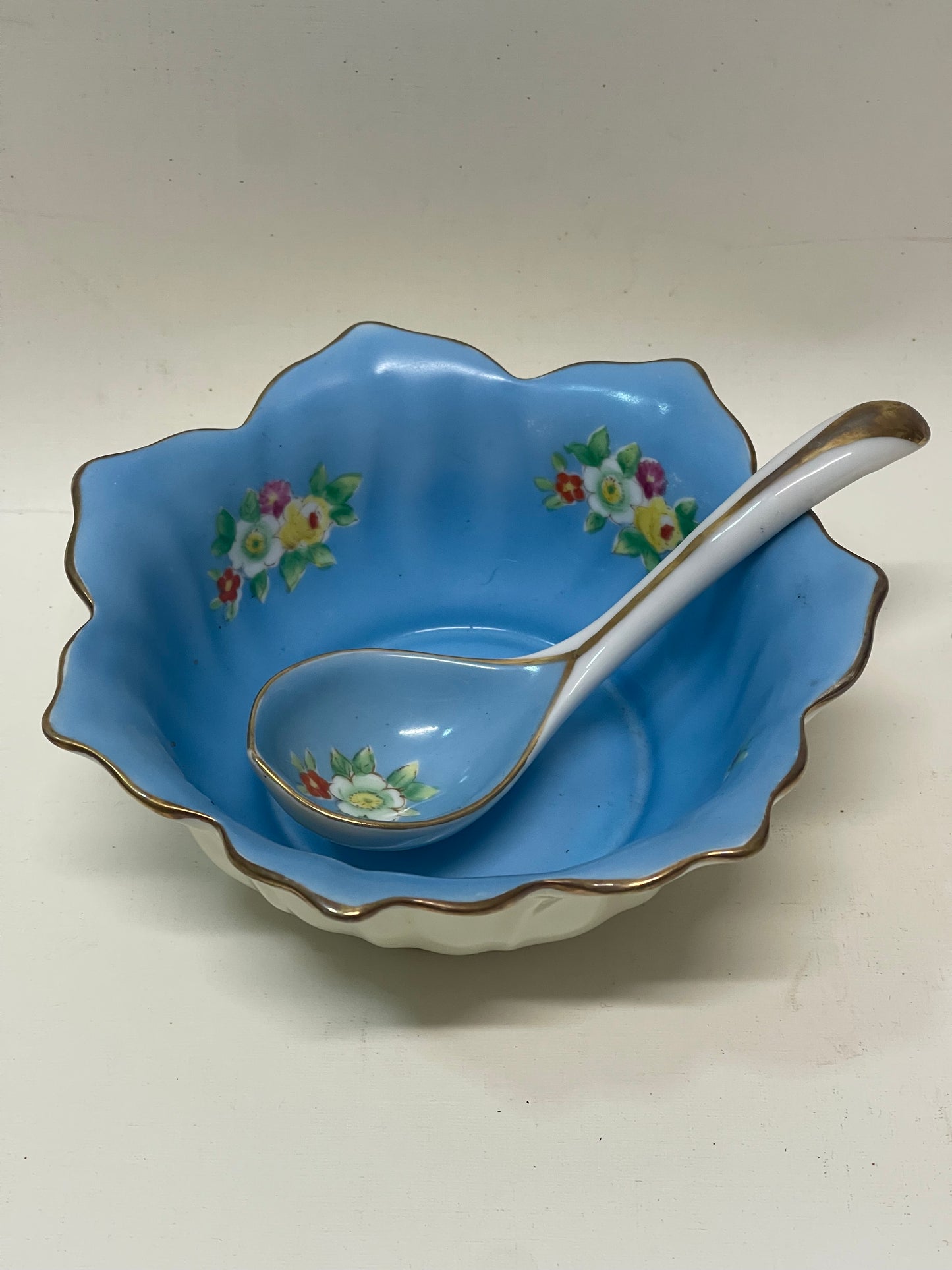 Vintage 1930s Small Noritake Blue Sauce Bowl, Plate & Spoon