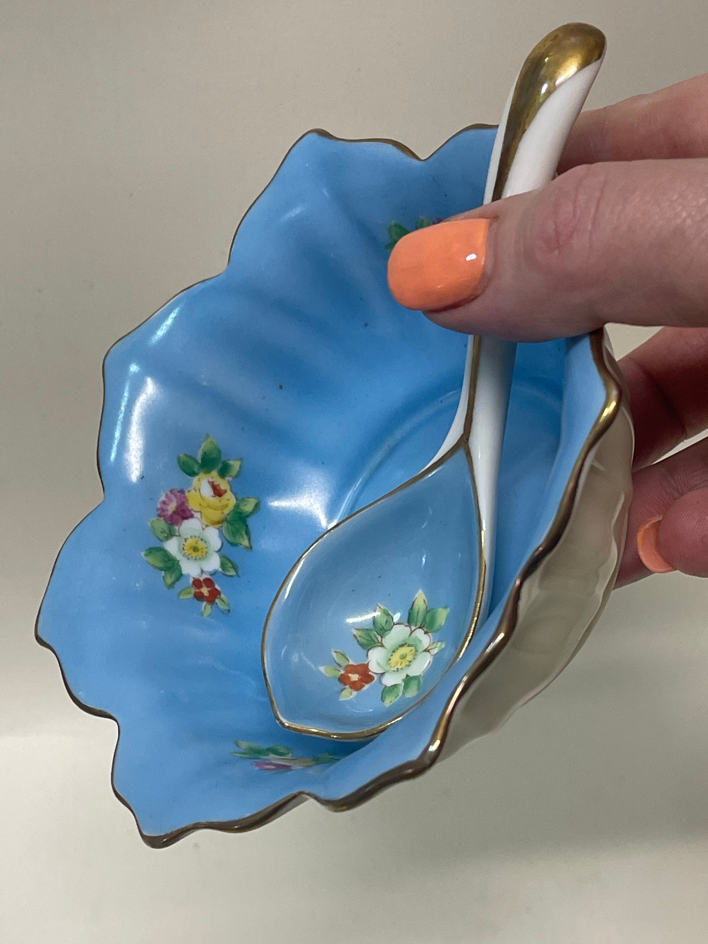 Vintage 1930s Small Noritake Blue Sauce Bowl, Plate & Spoon