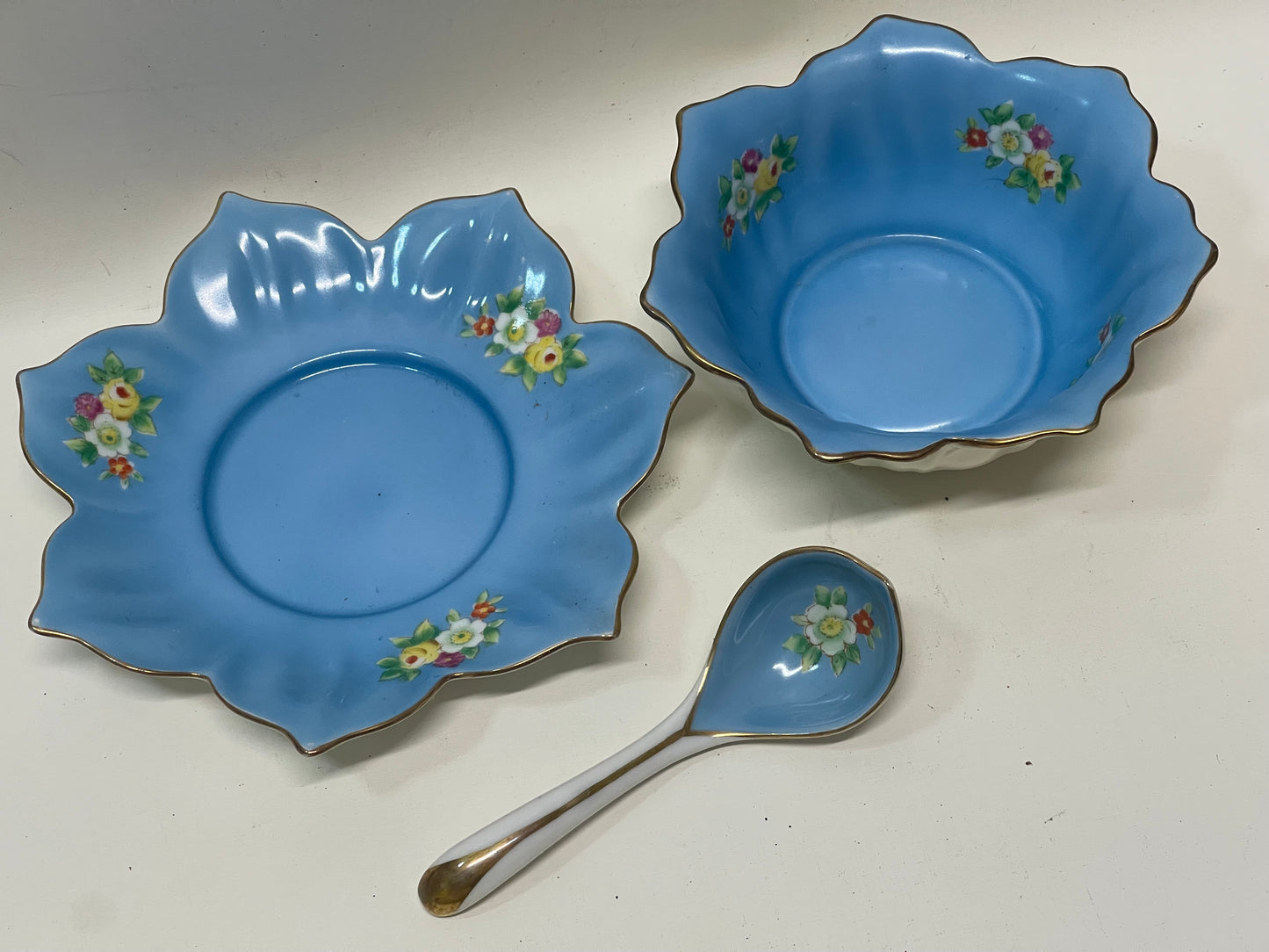 Vintage 1930s Small Noritake Blue Sauce Bowl, Plate & Spoon