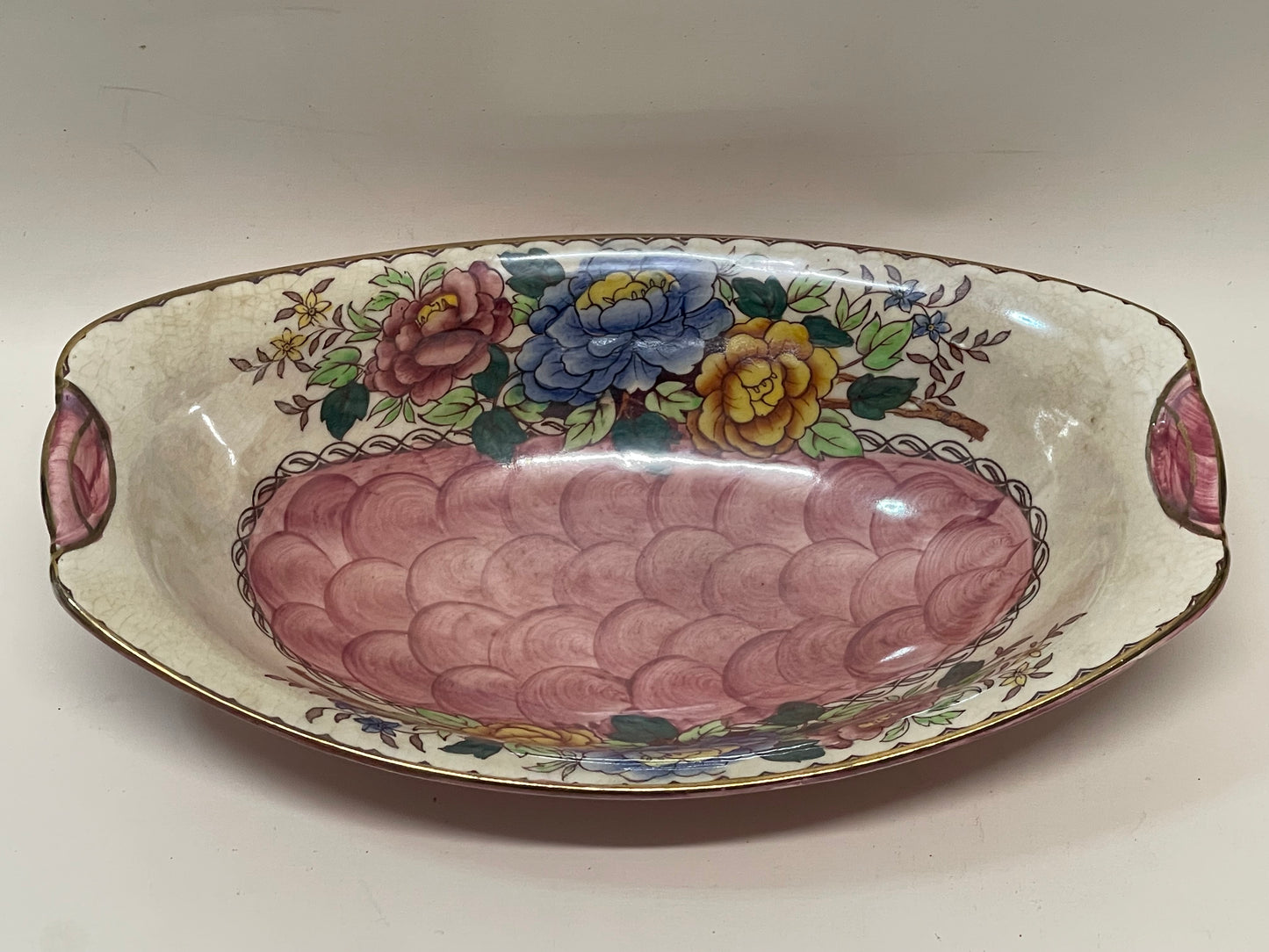 Vintage 1930s “Peony Rose” Maling Ware England hand-painted pink floral oval dish