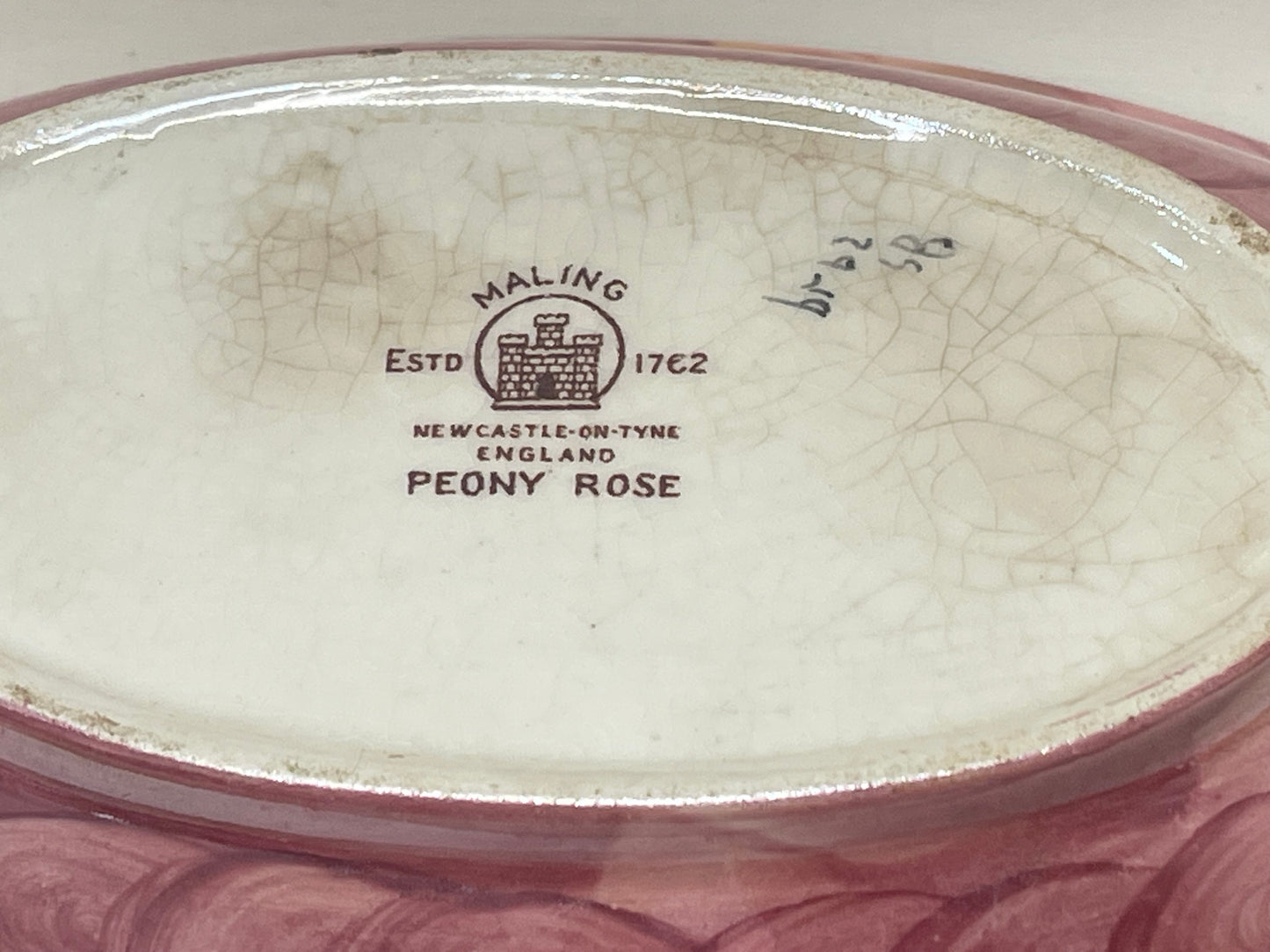 Vintage 1930s “Peony Rose” Maling Ware England hand-painted pink floral oval dish