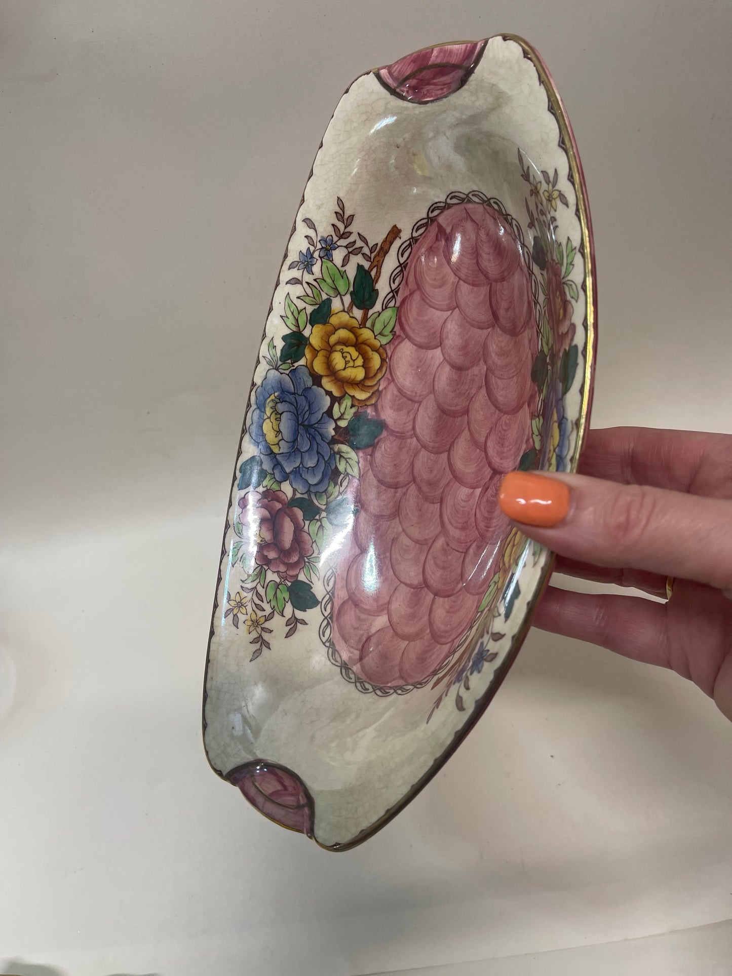 Vintage 1930s “Peony Rose” Maling Ware England hand-painted pink floral oval dish
