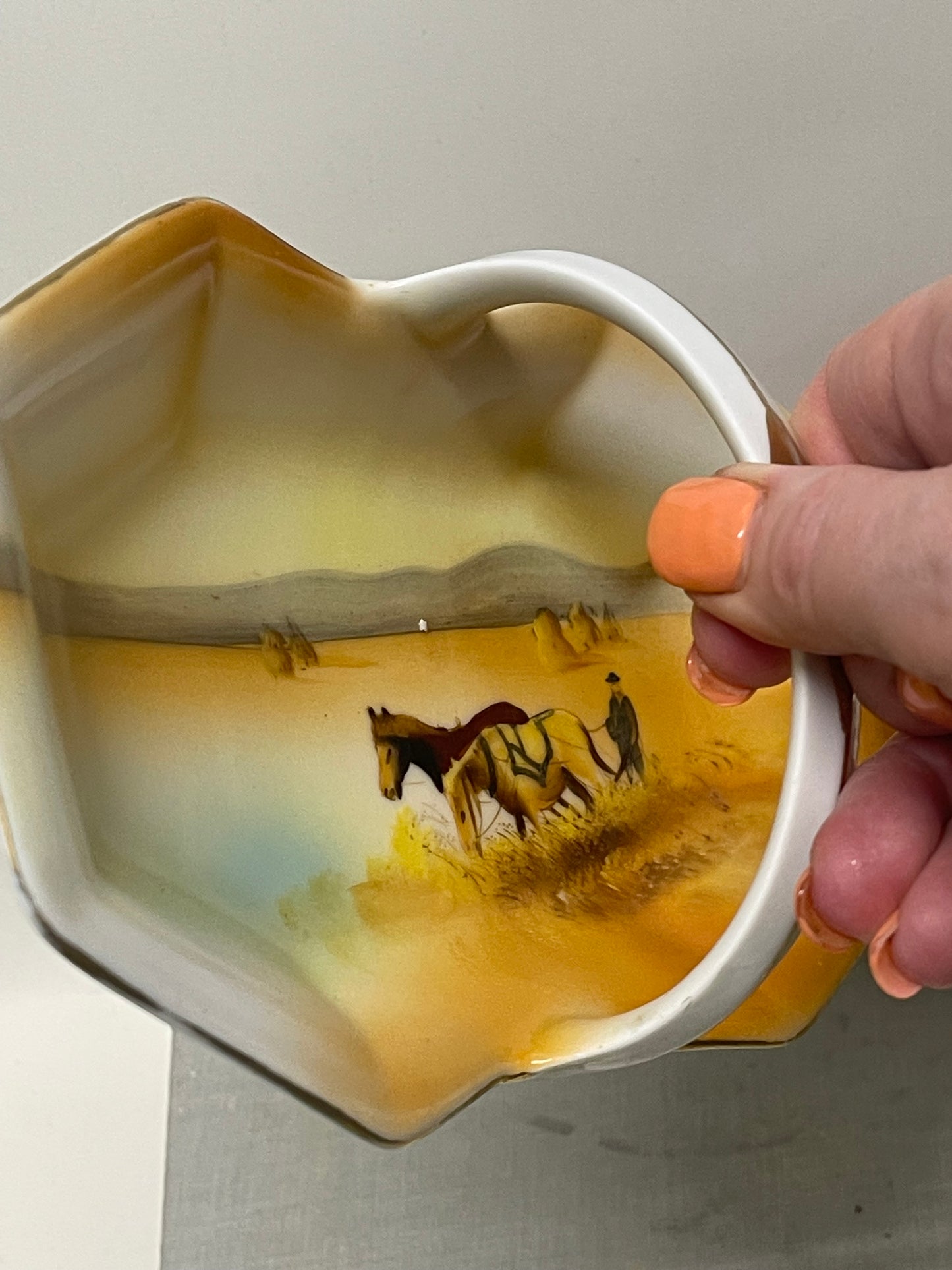 Vintage 1930s Noritake Japan Farmer Plowing with Horses dish with handle