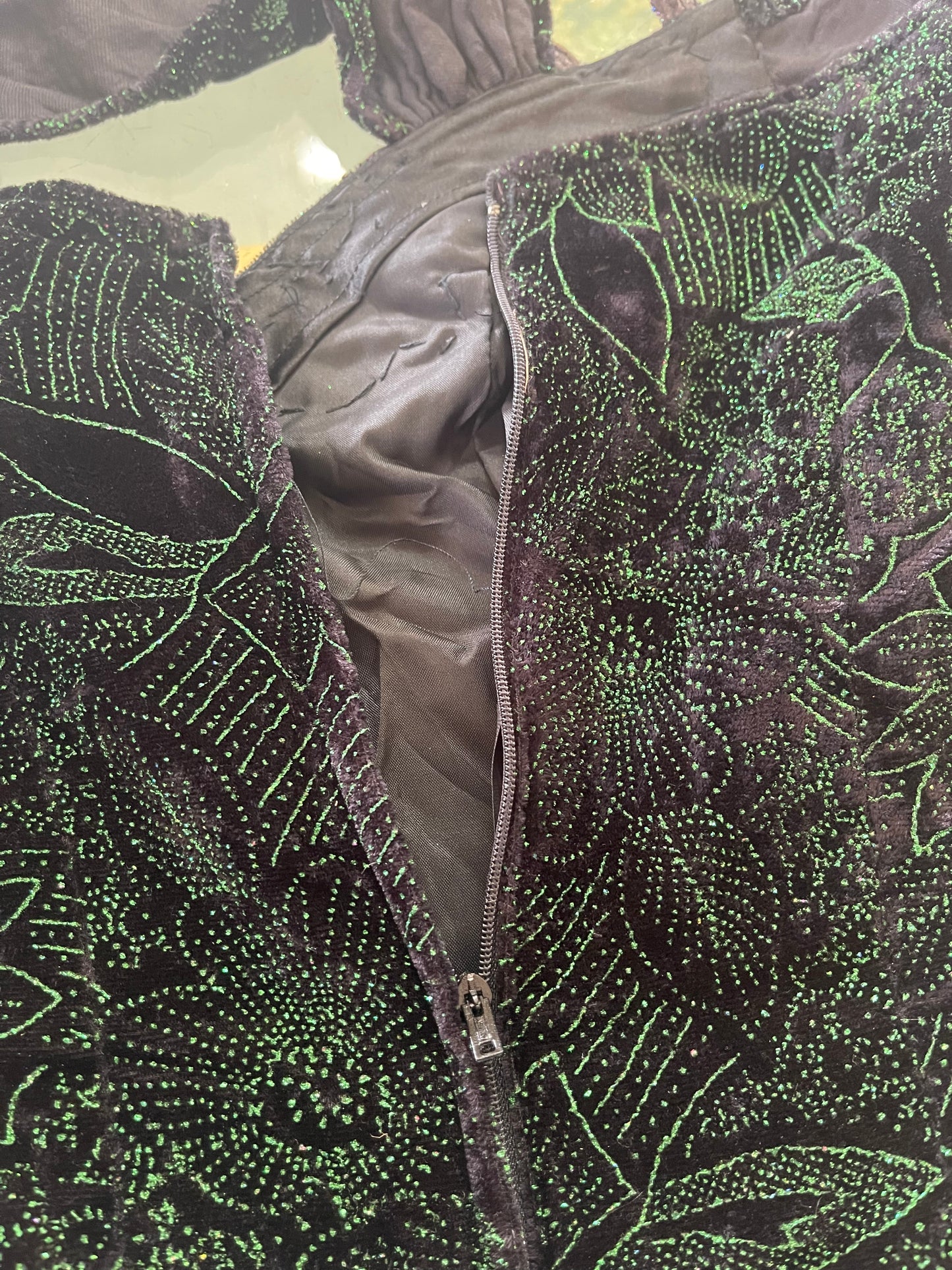 Vintage 80s black velvet with green glitter Dress Size 8