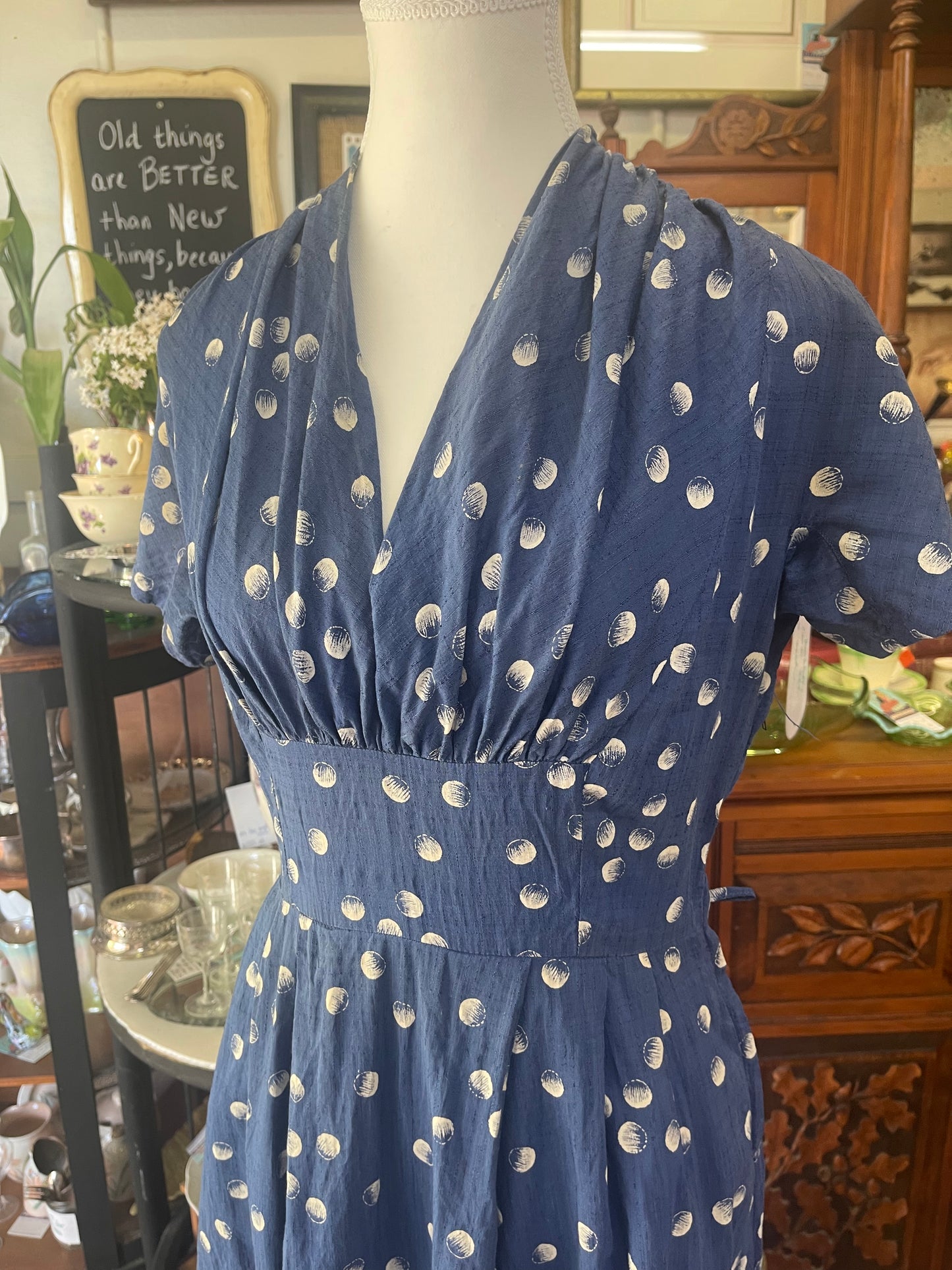 Vintage 50s blue silk Dress with spots Judy Lane Size 8-10